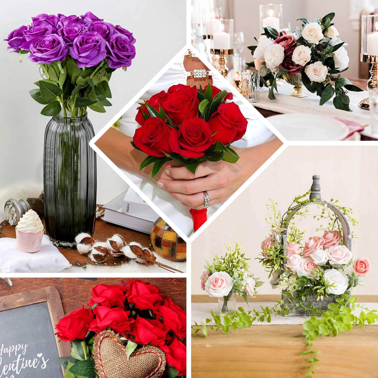 2 Bushes 18 Real Touch Gold Artificial Rose Flower Bouquet, Silk Long Stem Flower Arrangements