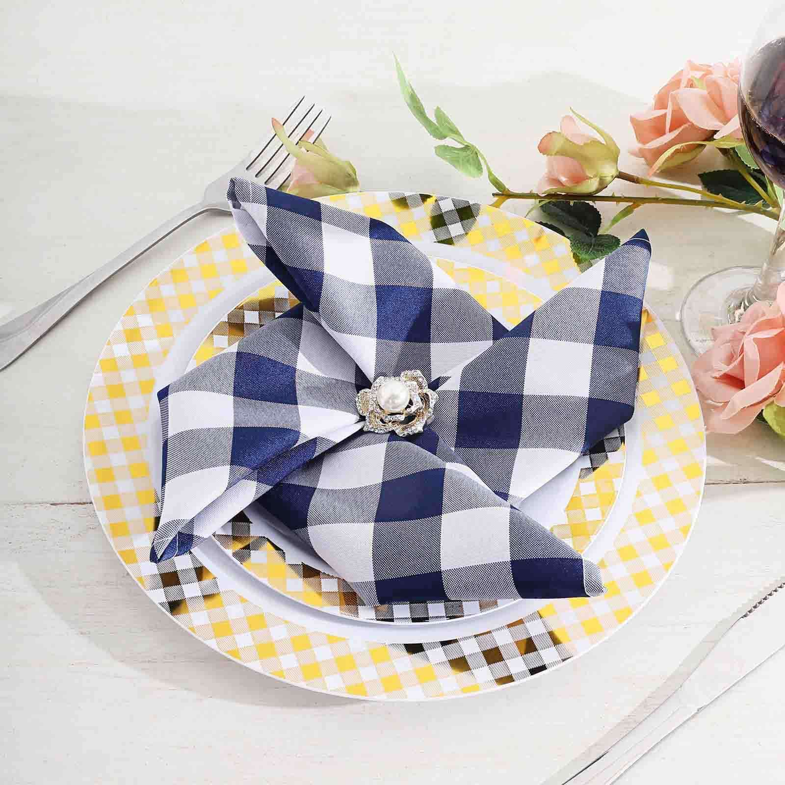 5 Pack Polyester 15x15 Napkins Navy Blue/White Buffalo Plaid Gingham Style Cloth Napkins