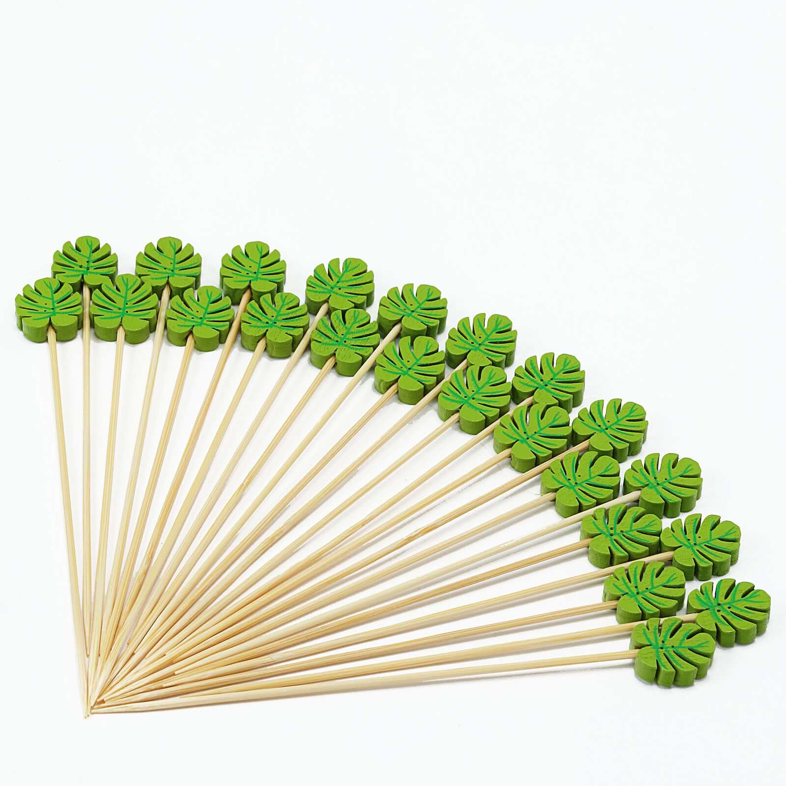 100-Pack Bamboo Cocktail Sticks Tropical Leaf Decorative Top Design - Eco Friendly Party Picks 5