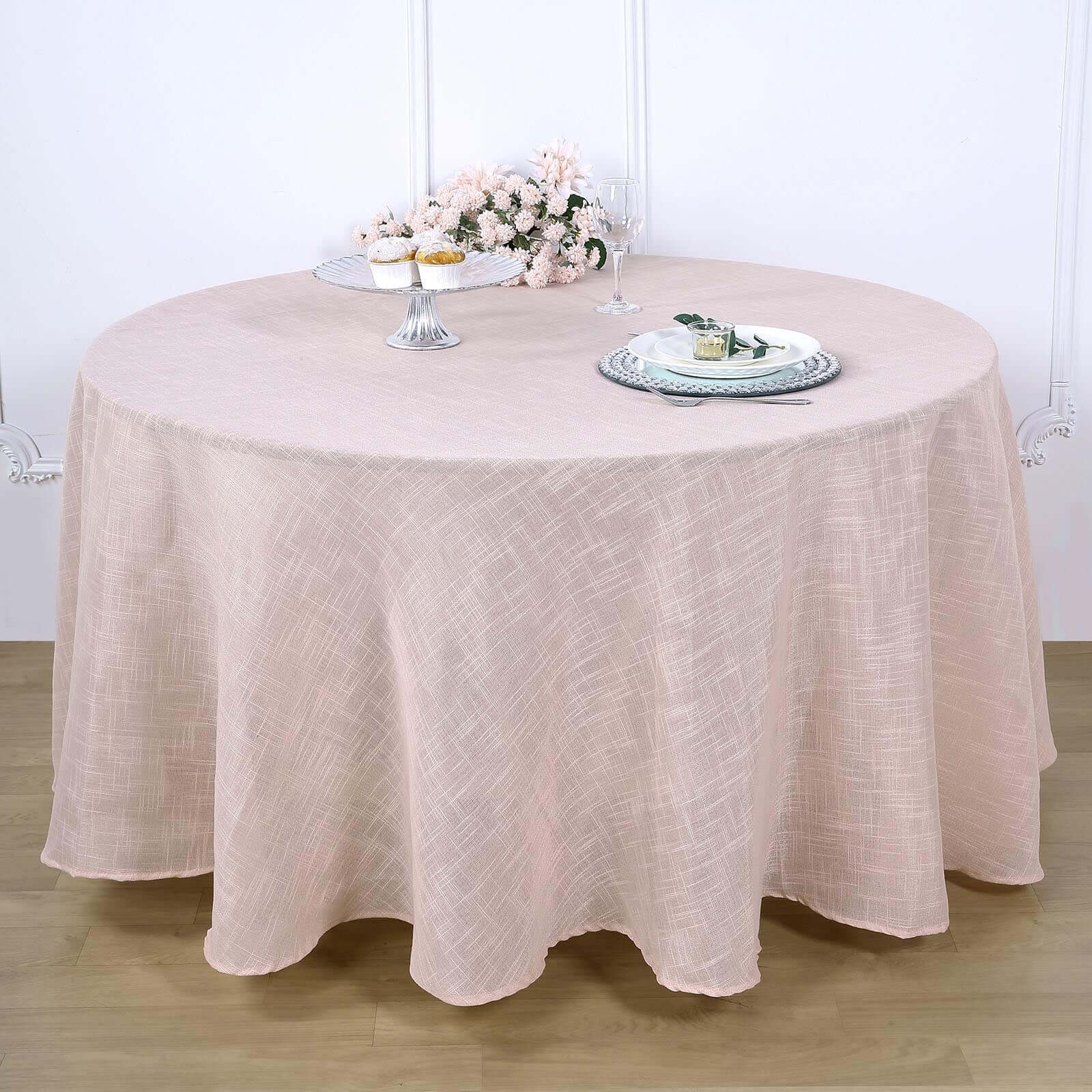 Faux Linen 120 Round Tablecloth Blush - Slubby Texture Wrinkle-Resistant Seamless Table Cover