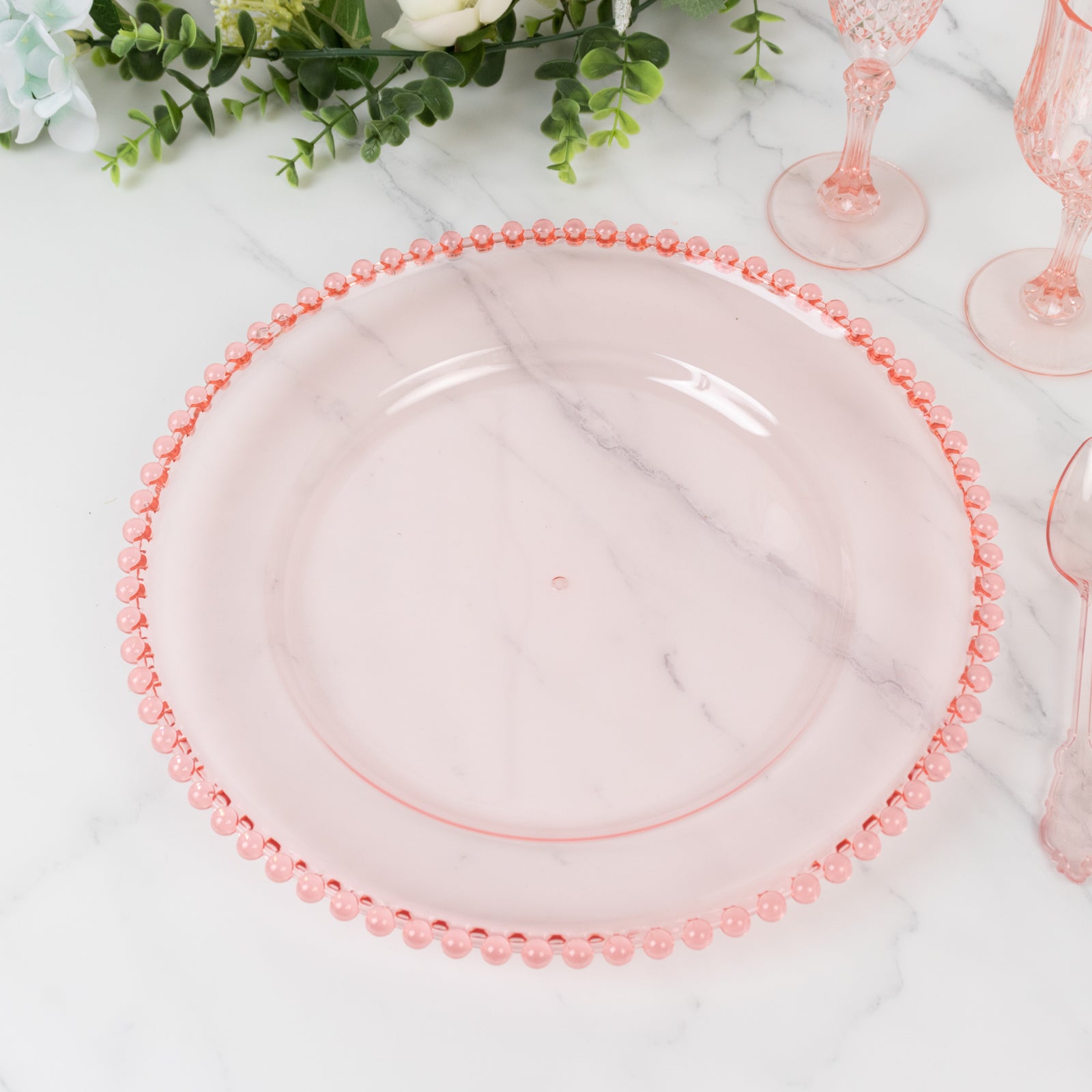 6-Pack Acrylic Round Charger Plates 13 in Transparent Blush with Beaded Rim, Decorative Dinner Party Serving Plates