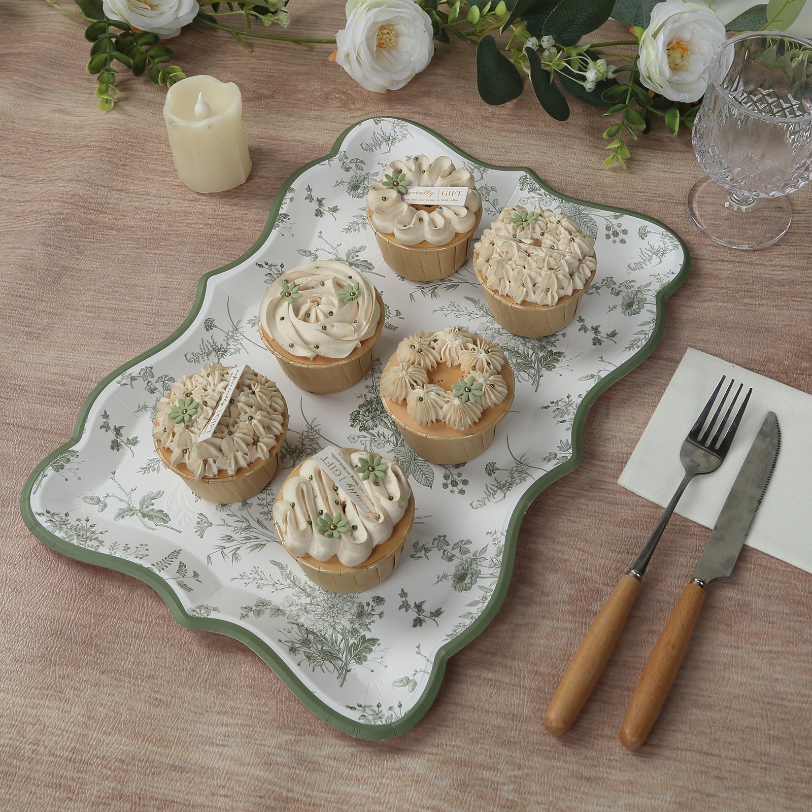 10-Pack Paper 14x10 Rectangle Serving Trays White/Sage Green - Heavy Duty Disposable 400GSM Cardboard Party Platters with French Toile Pattern for Weddings & Parties