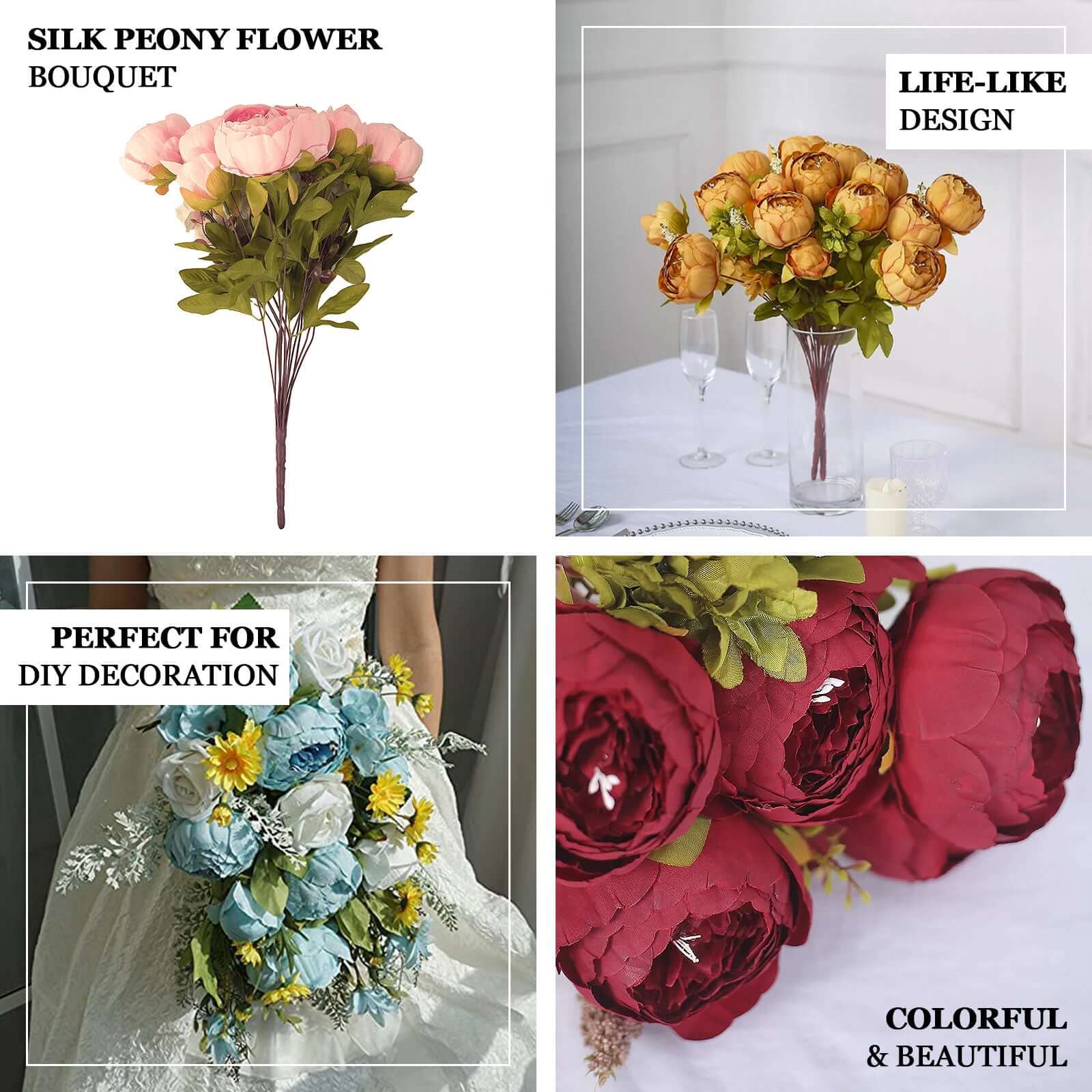 2 Pack 19 Royal Blue Artificial Peony Flower Wedding Bouquets, Faux Silk Flower Arrangements