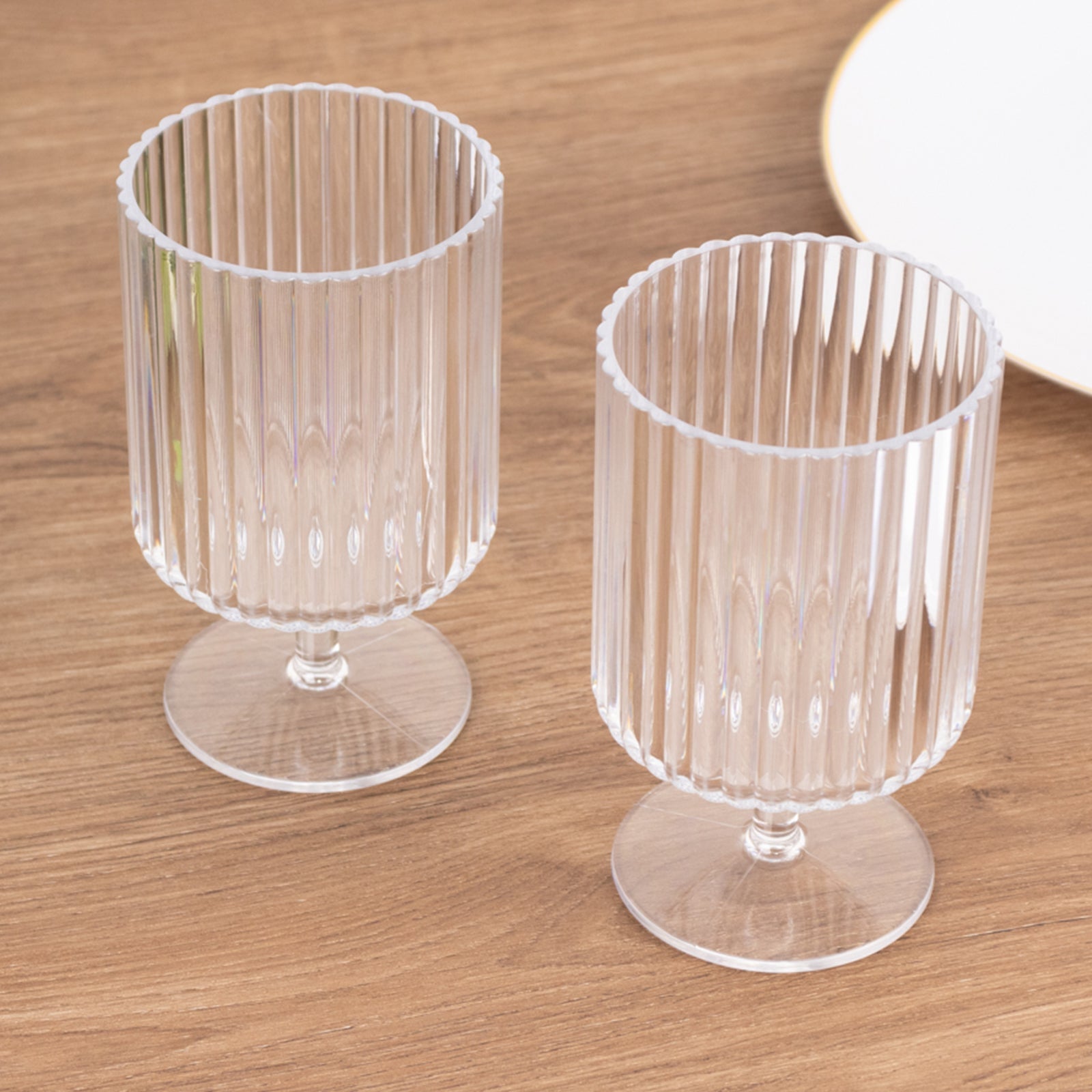 6-Pack Plastic Goblets Clear Vintage Ribbed Pattern Short Stem - Reusable Wine Glasses 12oz