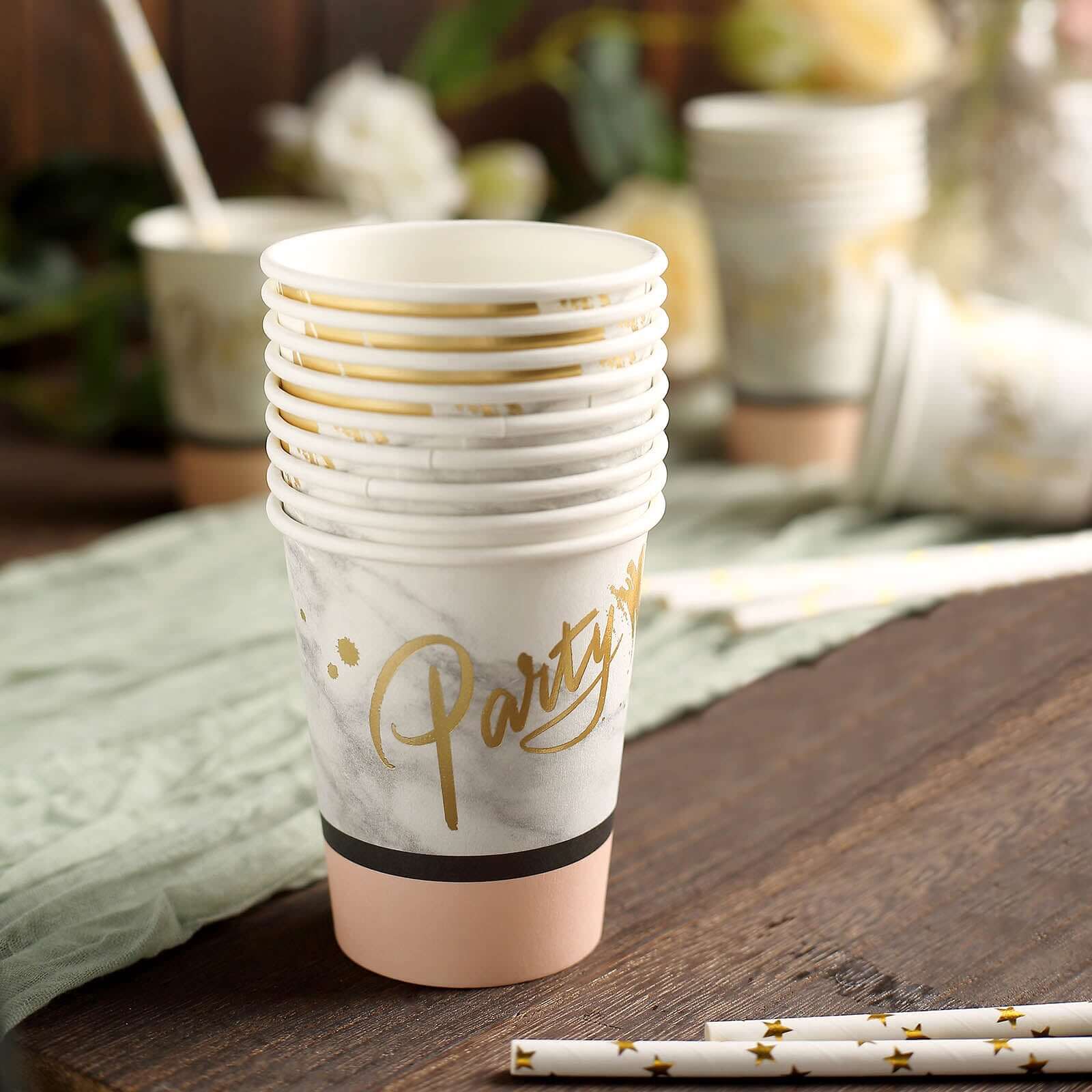 24-Pack Paper Cups in Blush with Marble Top - Stylish Disposable Party Cups for Hot & Cold Beverages 9oz