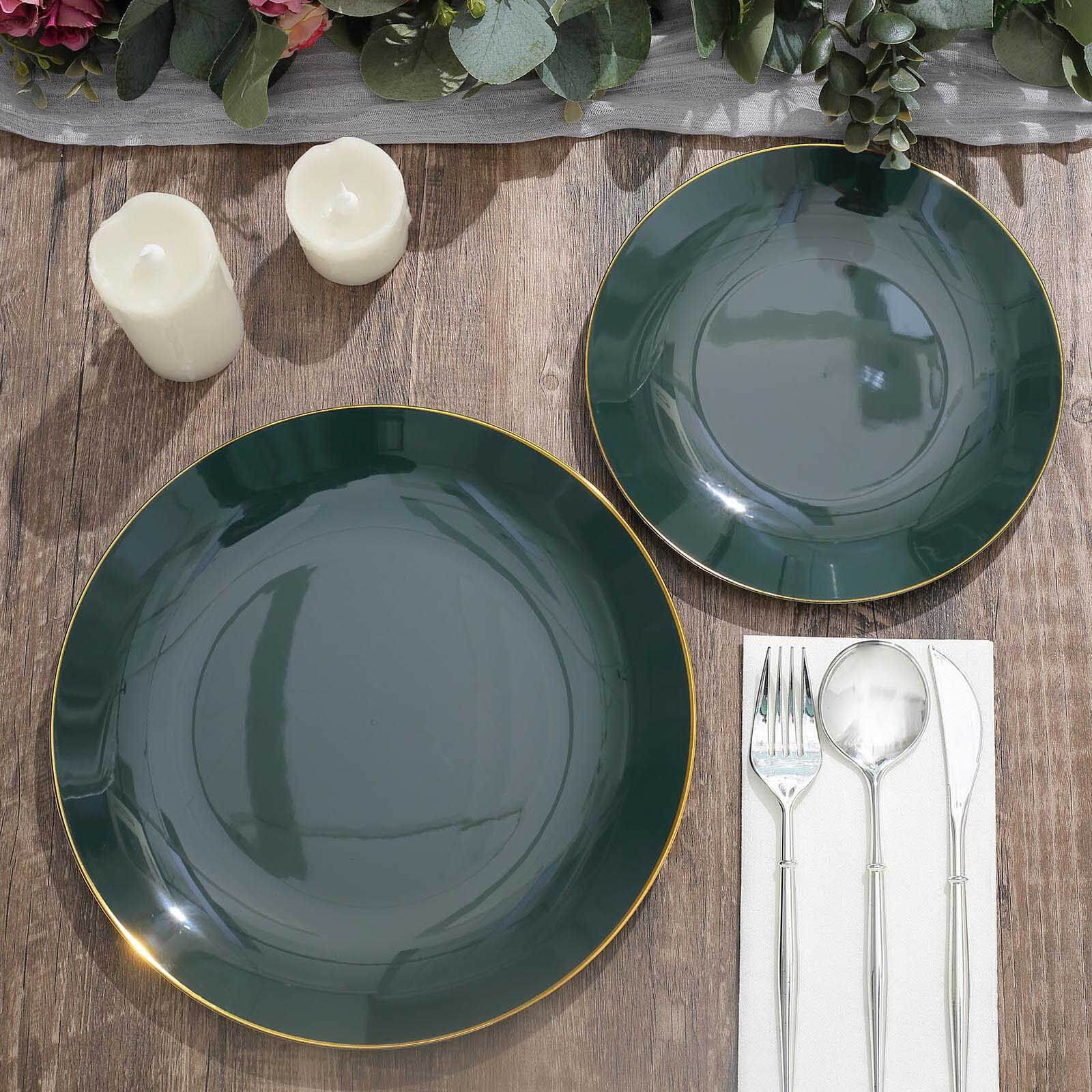 10-Pack Plastic 10 Round Dinner Plates in Hunter Emerald Green with Gold Rim - Glossy Disposable Party Plates