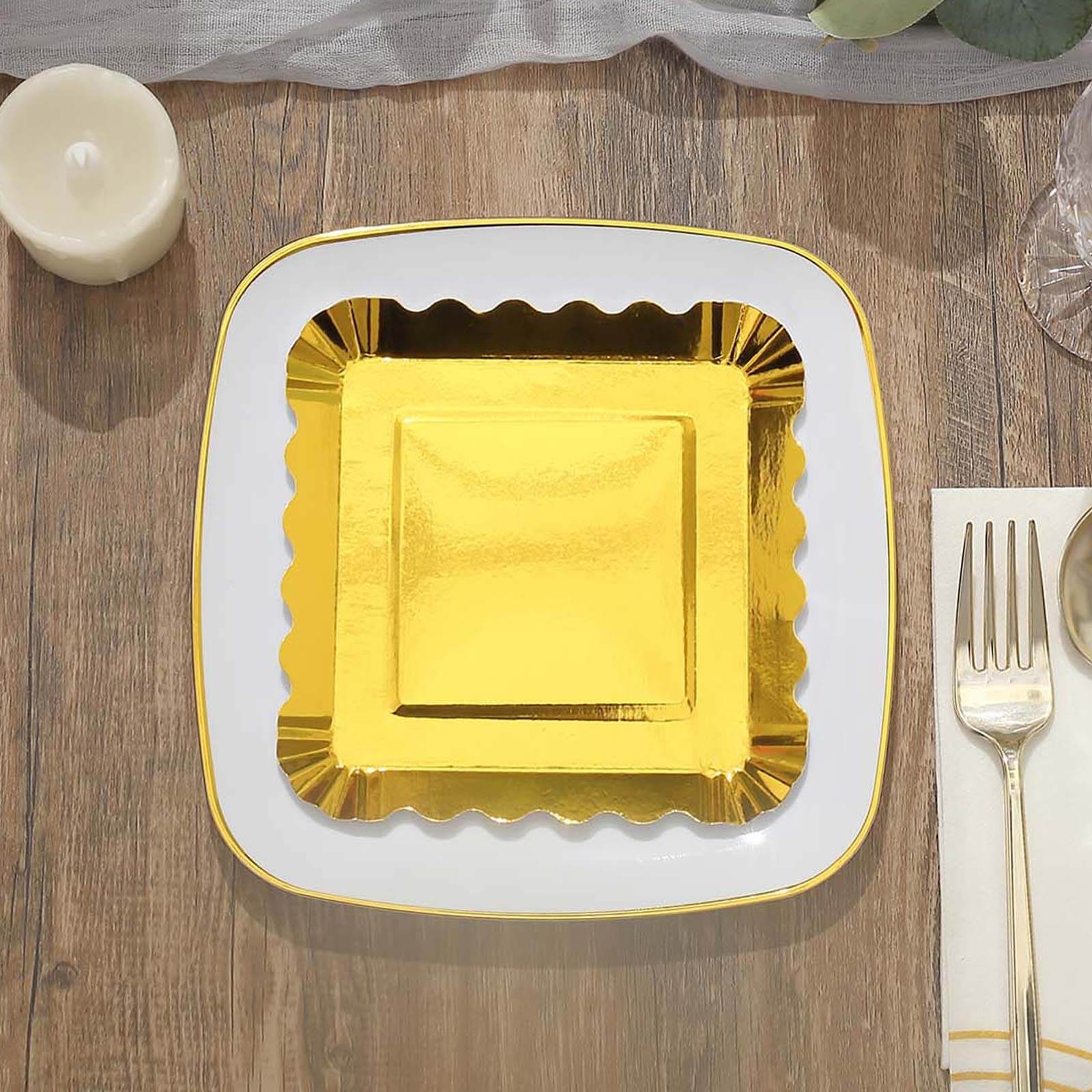 50-Pack Paper 5 Square Dessert Plates in Gold Foil with Scalloped Rim - Disposable Appetizer Plates for for Glam Gatherings & Special Occasions