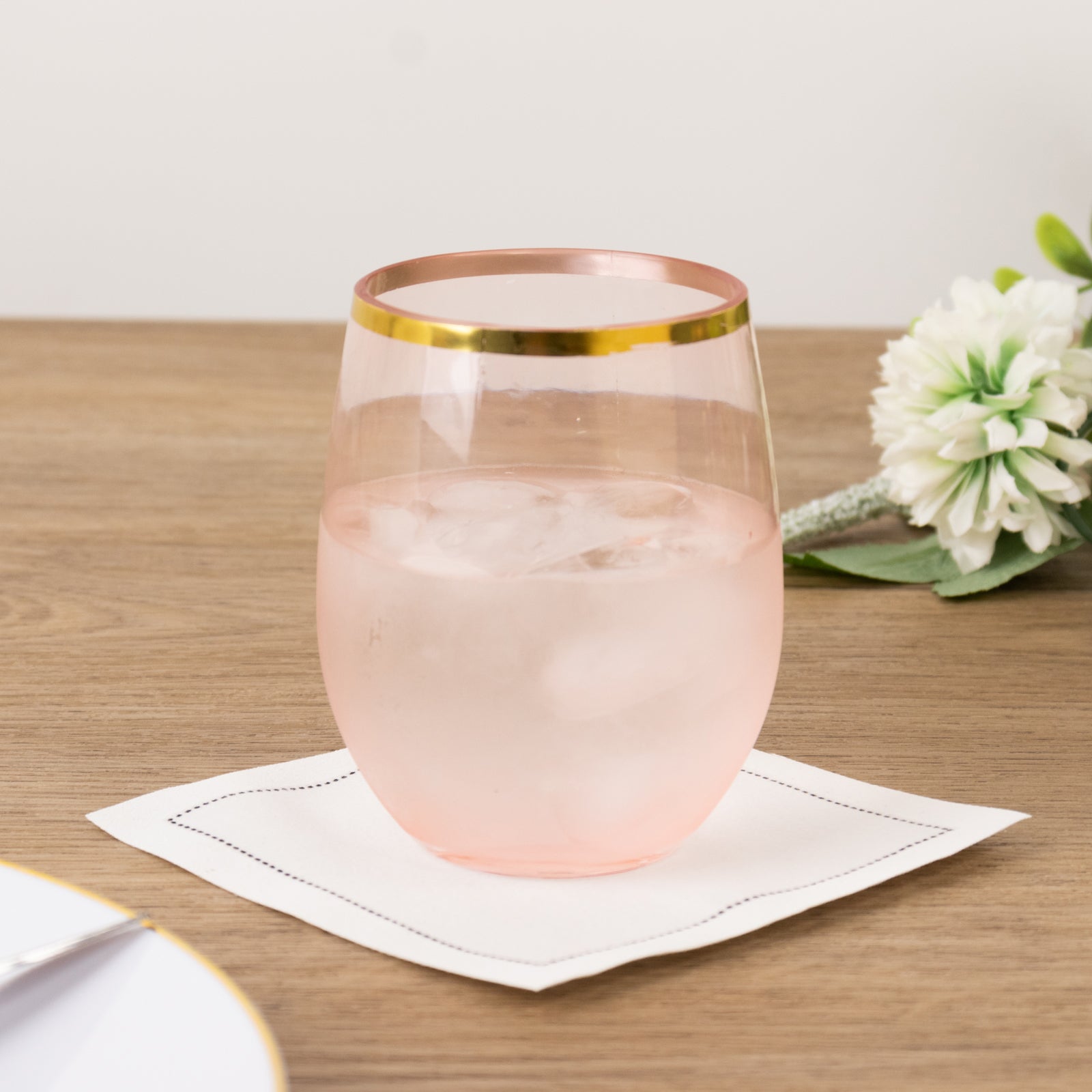 12-Pack Plastic Wine Tumblers Transparent Blush with Gold Rim - Reusable Drinkware 12oz