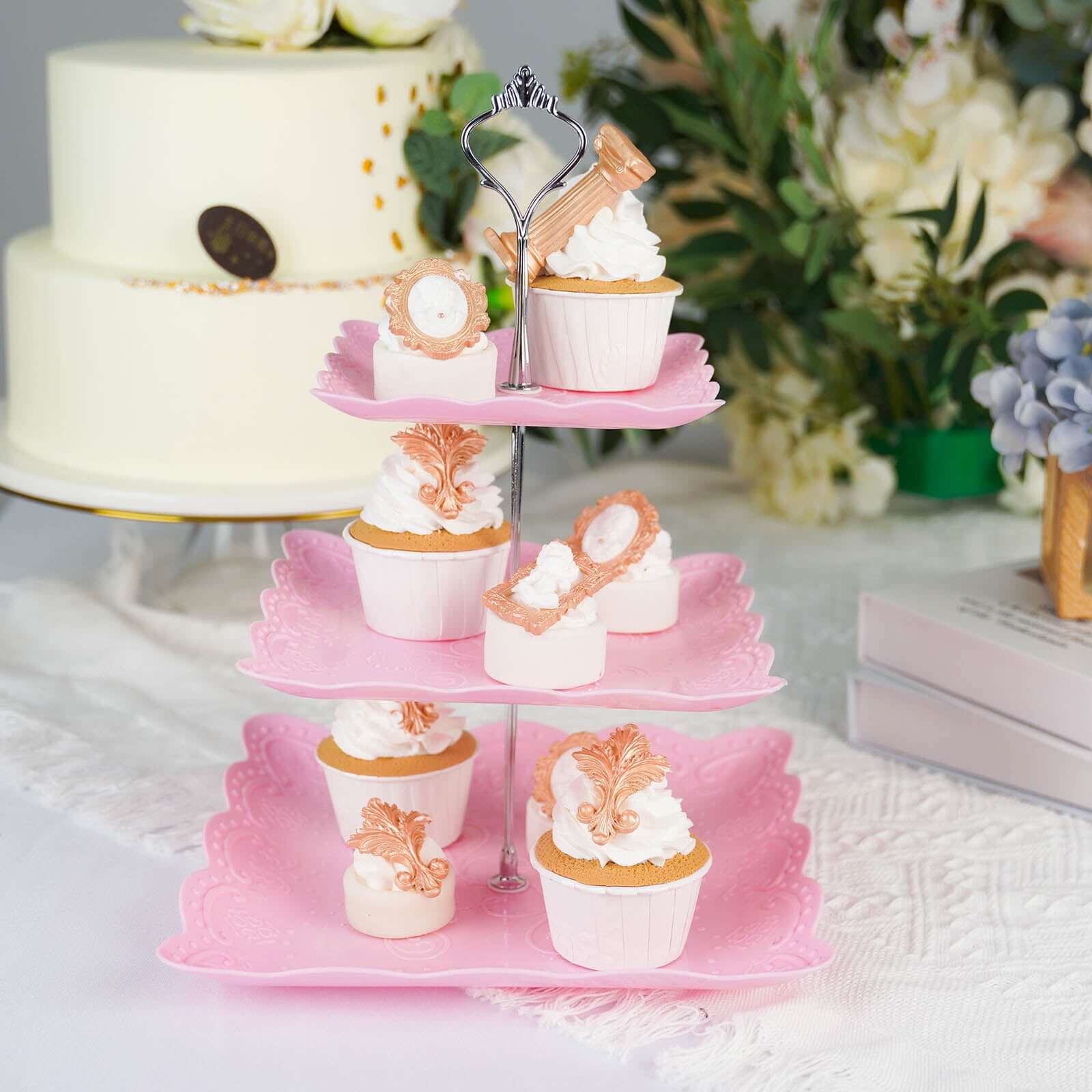 3-Tier Plastic Square Cupcake Stand Tower Pink - Charming Easy to Assemble Dessert Display Serving Tray Platter with Floral Embossed Scalloped Rim & Silver Handle for Tea Parties Weddings & Special Oc