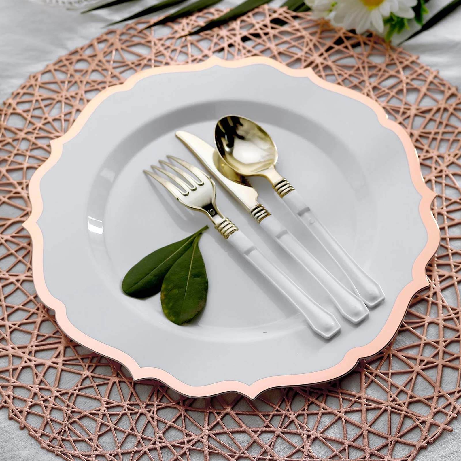 10-Pack Plastic 10 Round Dinner Plates in White with Rose Gold Scalloped Rim - Disposable Party Plates