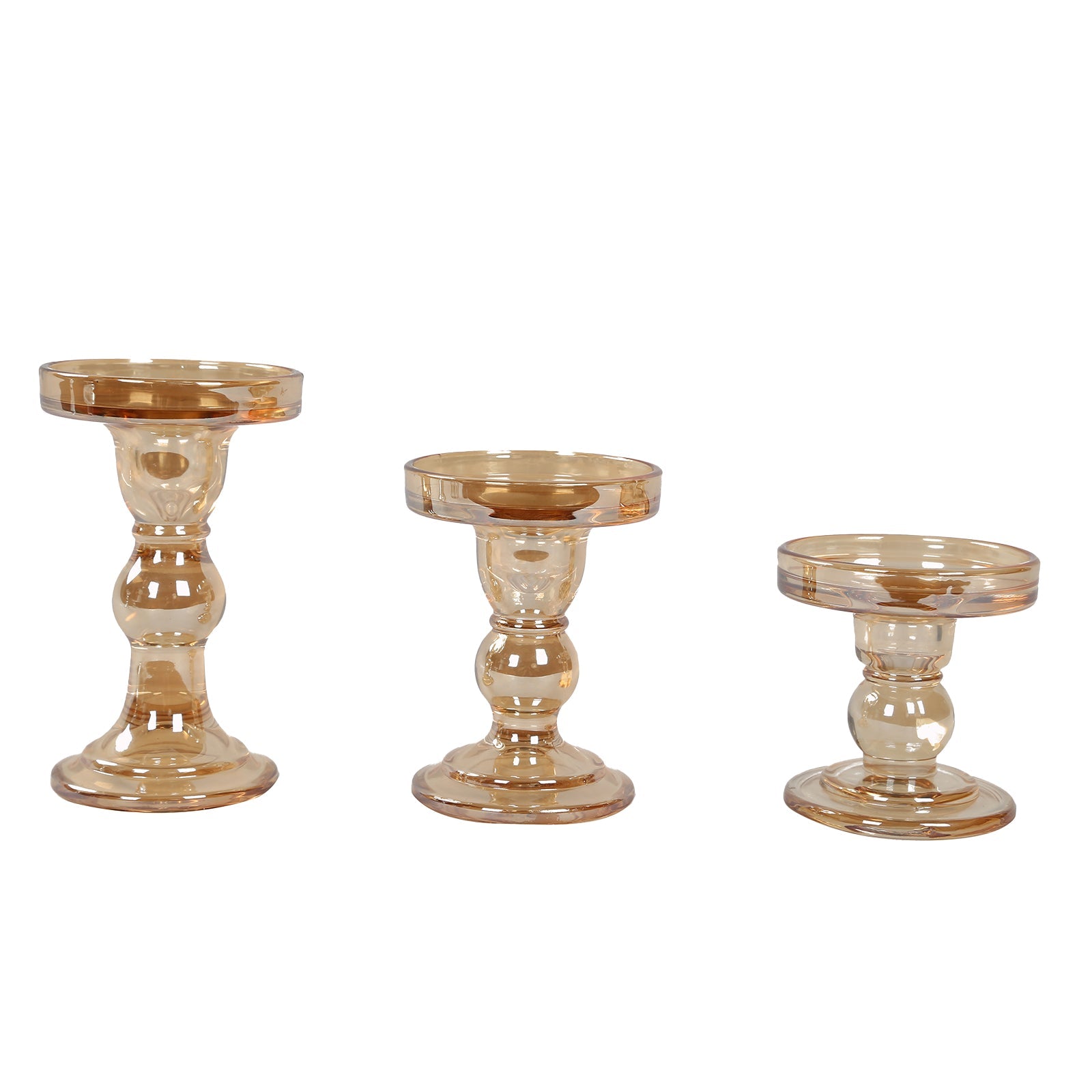 Set of 3 Glass Pillar Candle Holders Amber Gold with Round Tray - Crystal Ball Stem Taper Candlestick Tea Light Stands 3.5, 4.5, 5.5