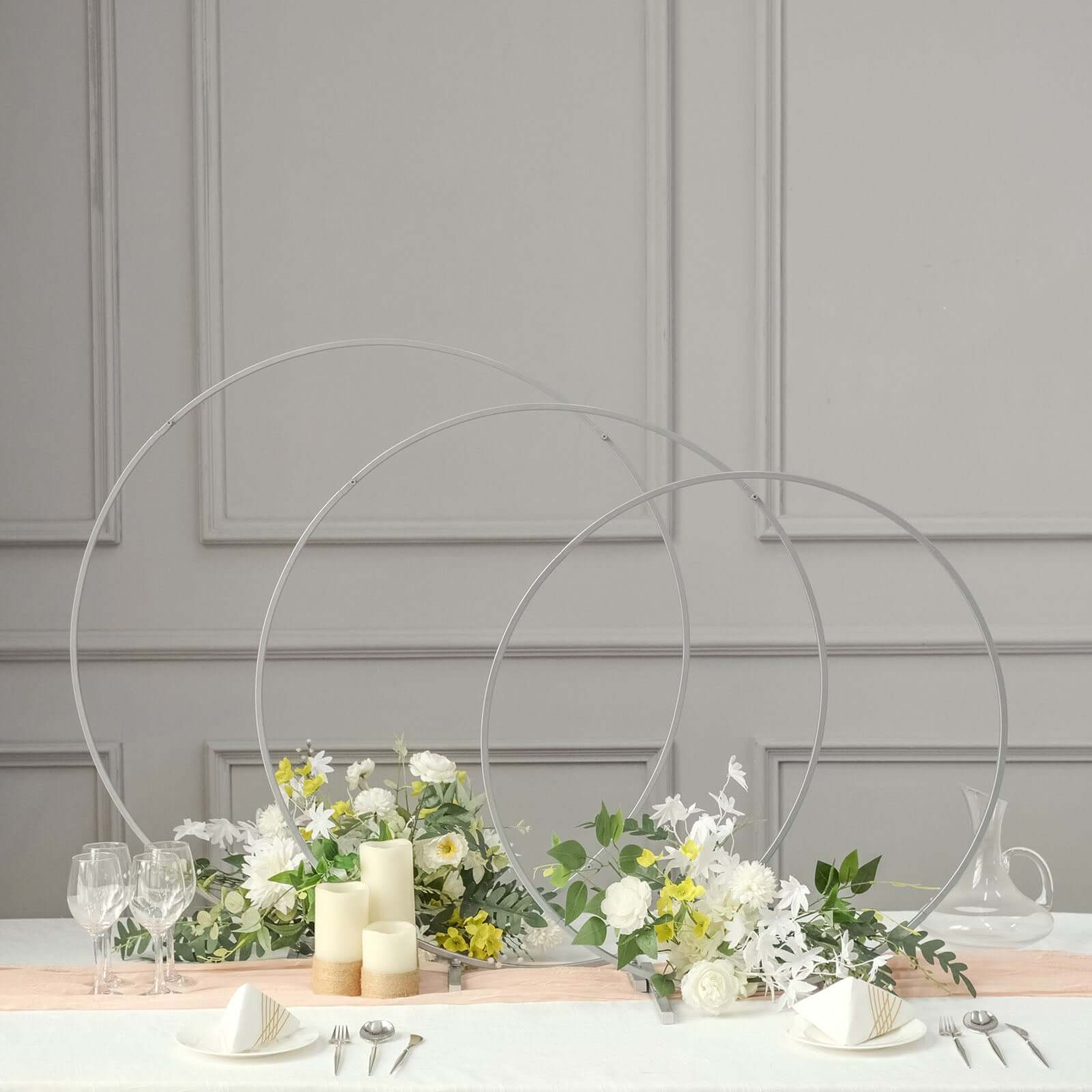 28 Silver Metal Round Hoop Wedding Centerpiece, Self Standing Table Floral Wreath Frame