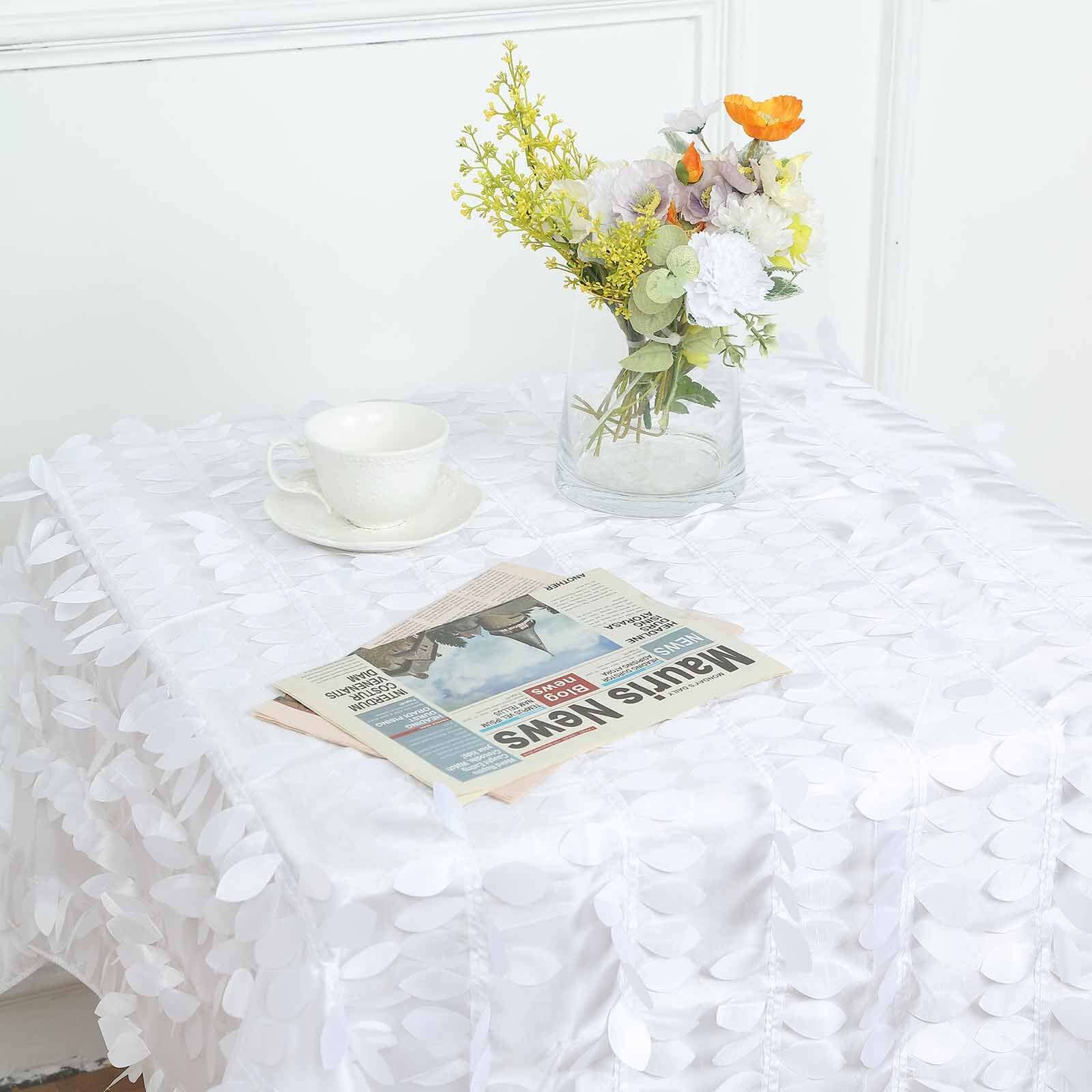 Taffeta 54x54 Square Tablecloth White | Exquisite 3D Leaf Petal Design for Chic Wedding & Event Decor