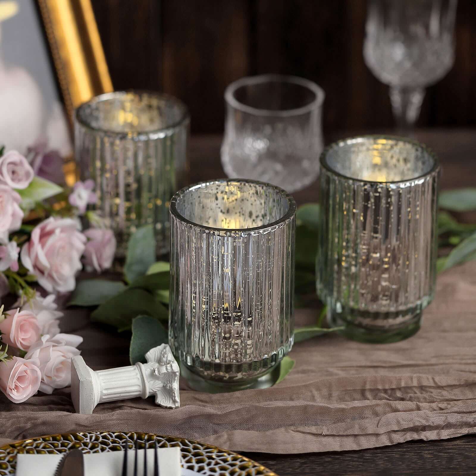 3-Pack Mercury Glass Hurricane Candle Holders Silver Wavy Column Design - Votive Pillar Vase 5