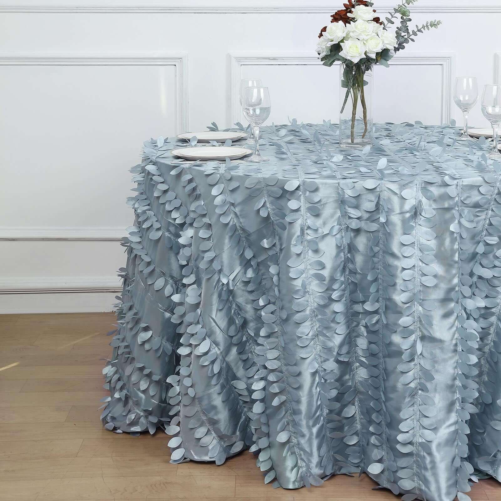 Taffeta 120 Round Tablecloth Dusty Blue | 3D Leaf Petal Design Seamless Table Cover