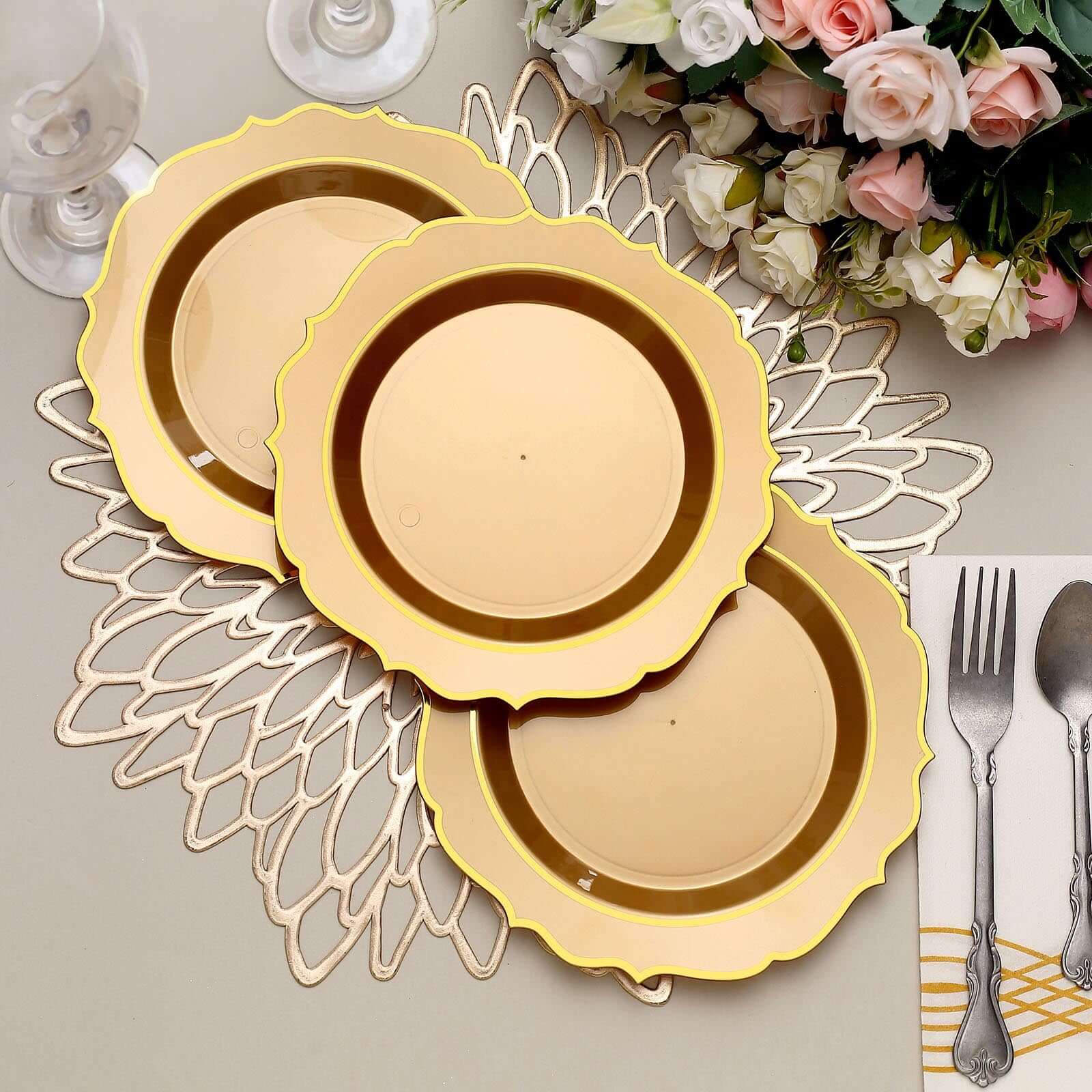 10-Pack Plastic 8 Round Desert Plates in Gold with Gold Scalloped Rim - Disposable Appetizer/Salad Plates