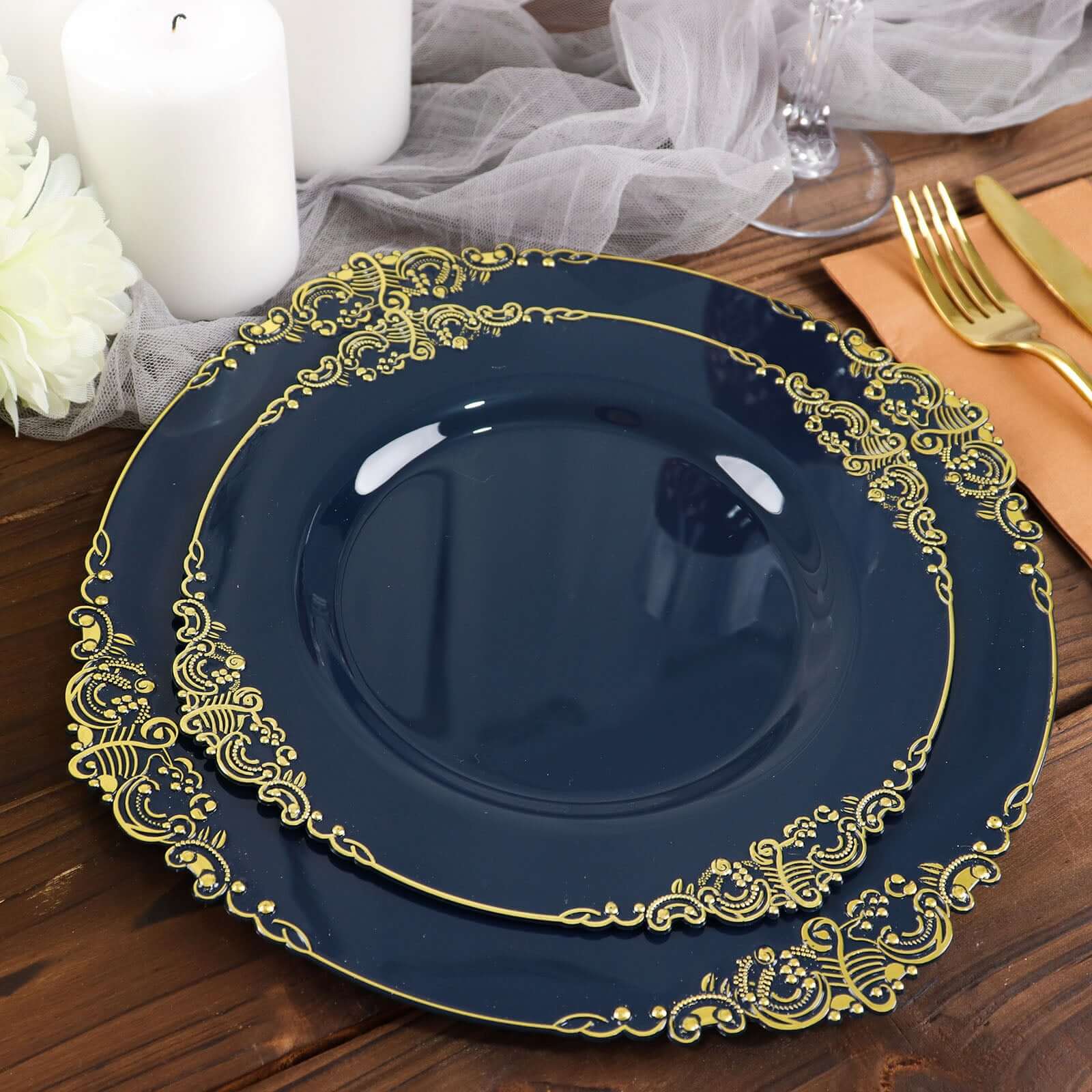 10-Pack Plastic 10 Round Dinner Plates in Navy Blue with Gold Leaf Embossed Rim - Disposable Vintage Baroque Style Plates