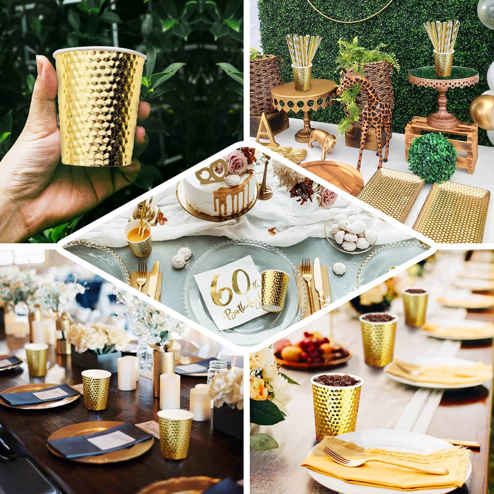 24-Pack Paper Cups in Gold Foil with Honeycomb Design - Stylish Disposable Party Cups for Hot & Cold Beverages 10oz