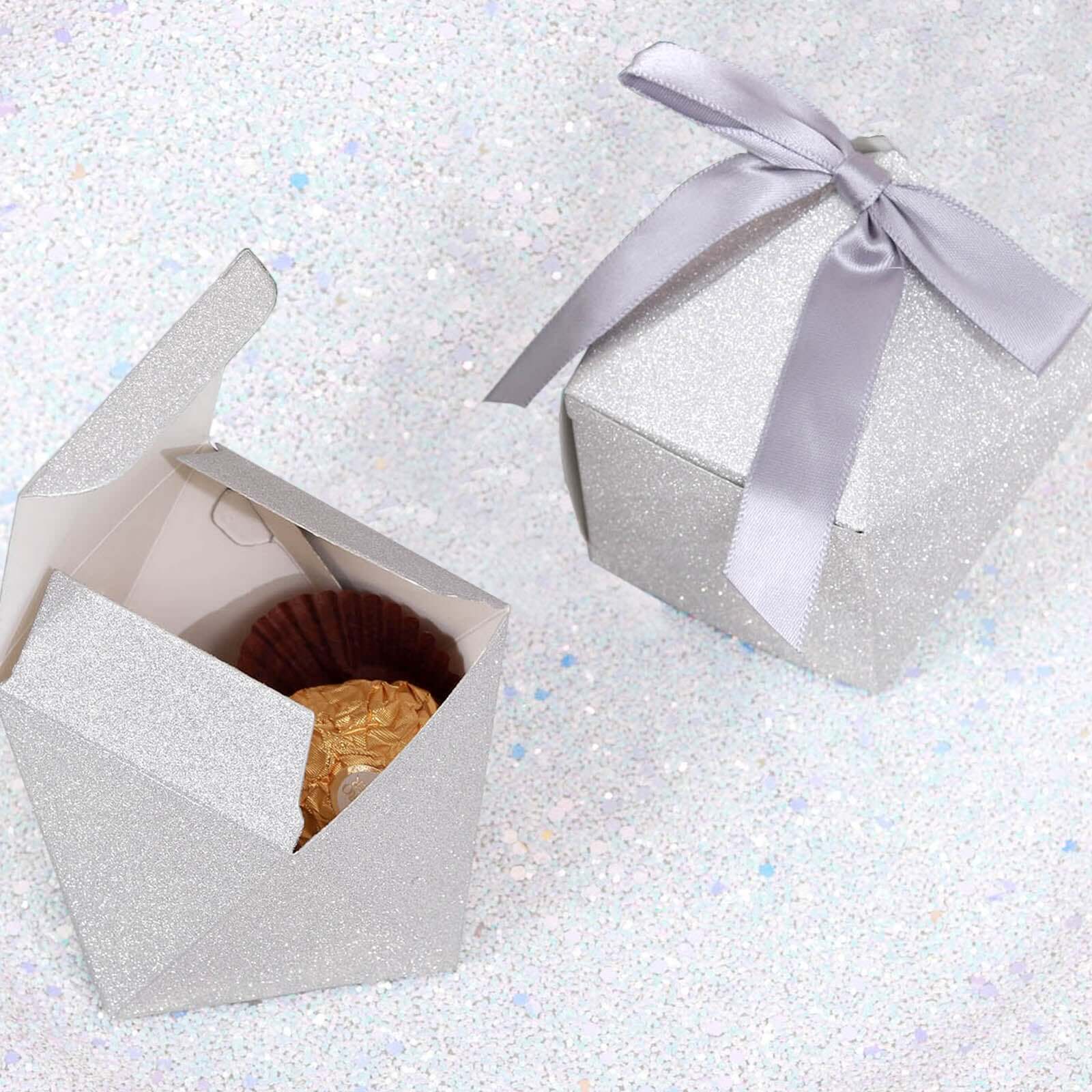 25 Pack 2x3 Geometric Silver Glitter Wedding Favor Candy Gift Box