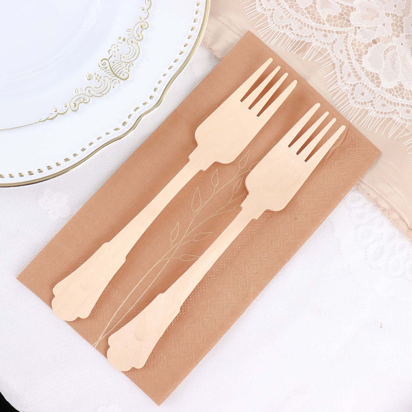 24-Pack Birchwood Forks Natural Vintage Baroque Design - Eco Friendly Biodegradable Wooden Utensils for Rustic Themes & Outdoor Parties 7.5