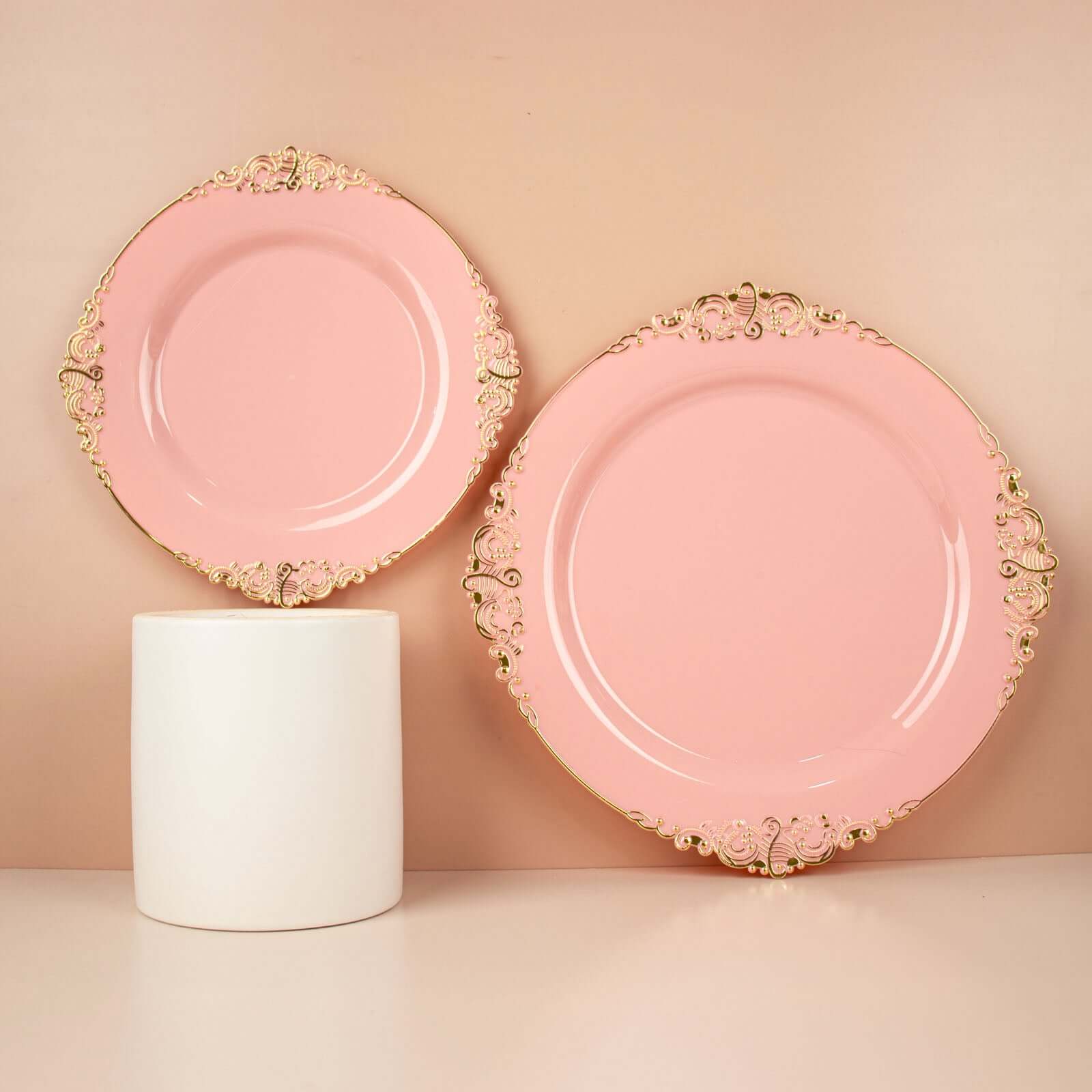 10-Pack Plastic 10 Round Dinner Plates in Dusty Rose with Gold Leaf Embossed Rim - Disposable Vintage Baroque Style Plates