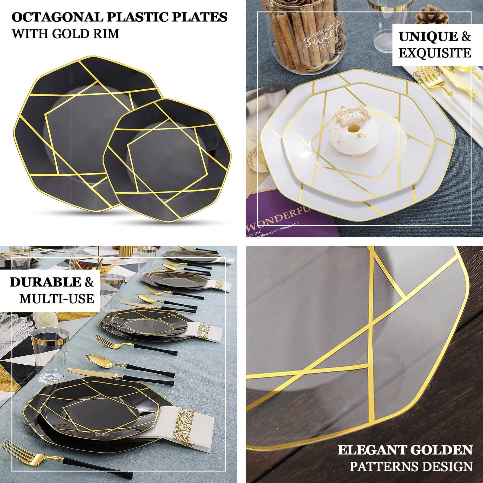 10-Pack Plastic 10 Octagon Dinner Plates in Black - Modern Disposable Party Plates with Gold Geometric Design for Special Occasions & Celebrations