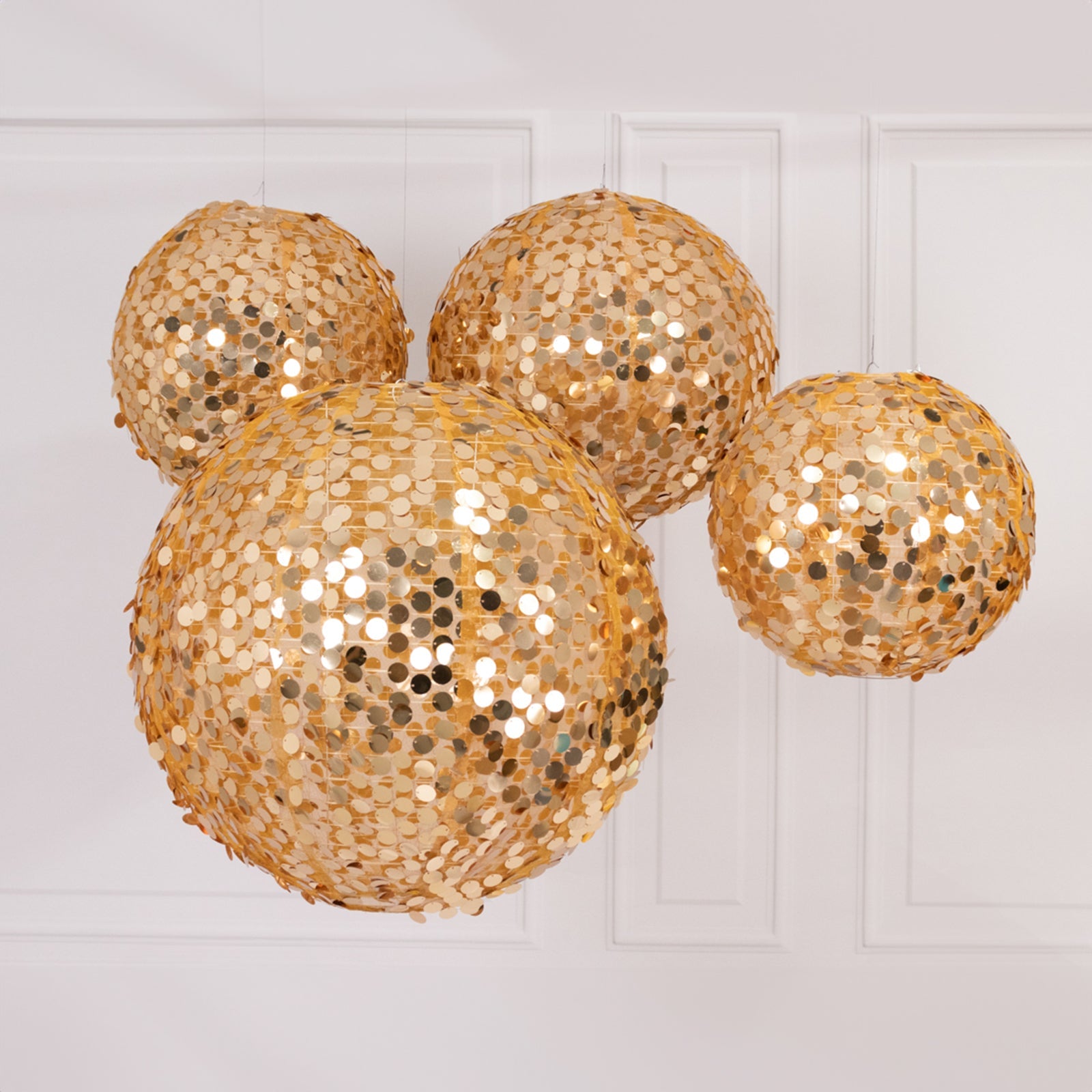 Set of 4 Glitter Gold Payette Sequin Hanging Lanterns, Large Decorative Round Foldable Fabric Chinese Lantern Lampshades - 12,14,16,20