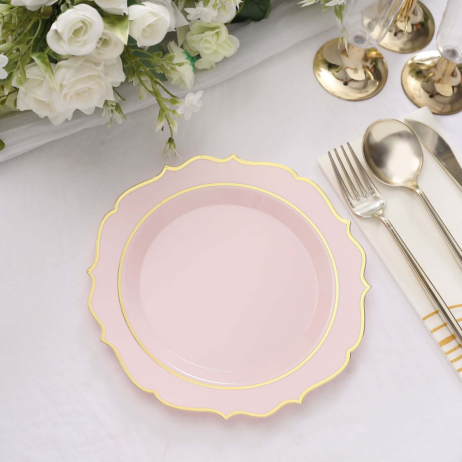 10-Pack Plastic 8 Round Desert Plates in Blush with Gold Scalloped Rim - Disposable Appetizer/Salad Plates