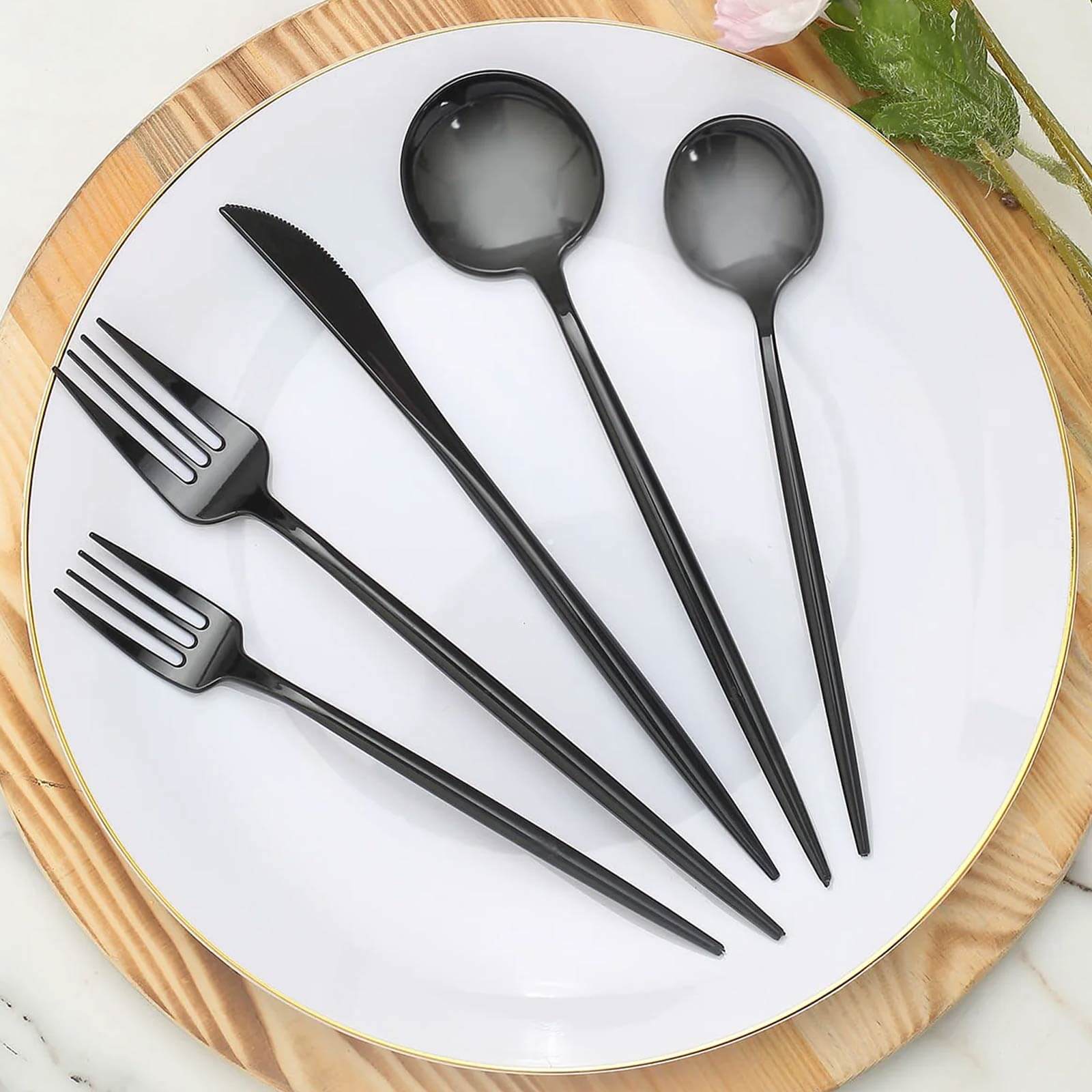 50-Pack Plastic Utensil Set Black - Premium Disposable Heavy Duty Sleek Flatware for Events