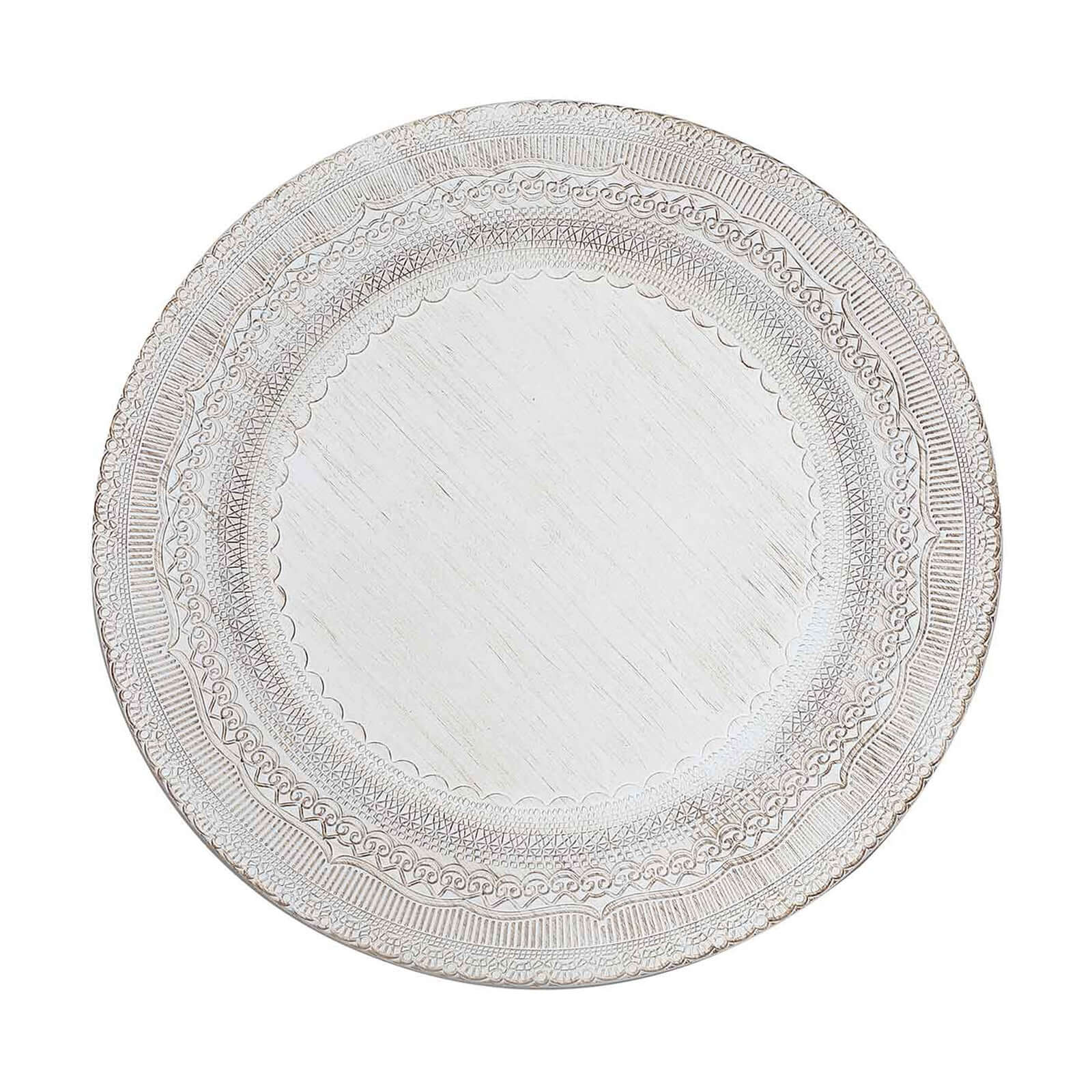 6-Pack Acrylic Round Charger Plates 13 in White with Lace Embossed Rim, Rustic Plastic Decorative Charger Tableware