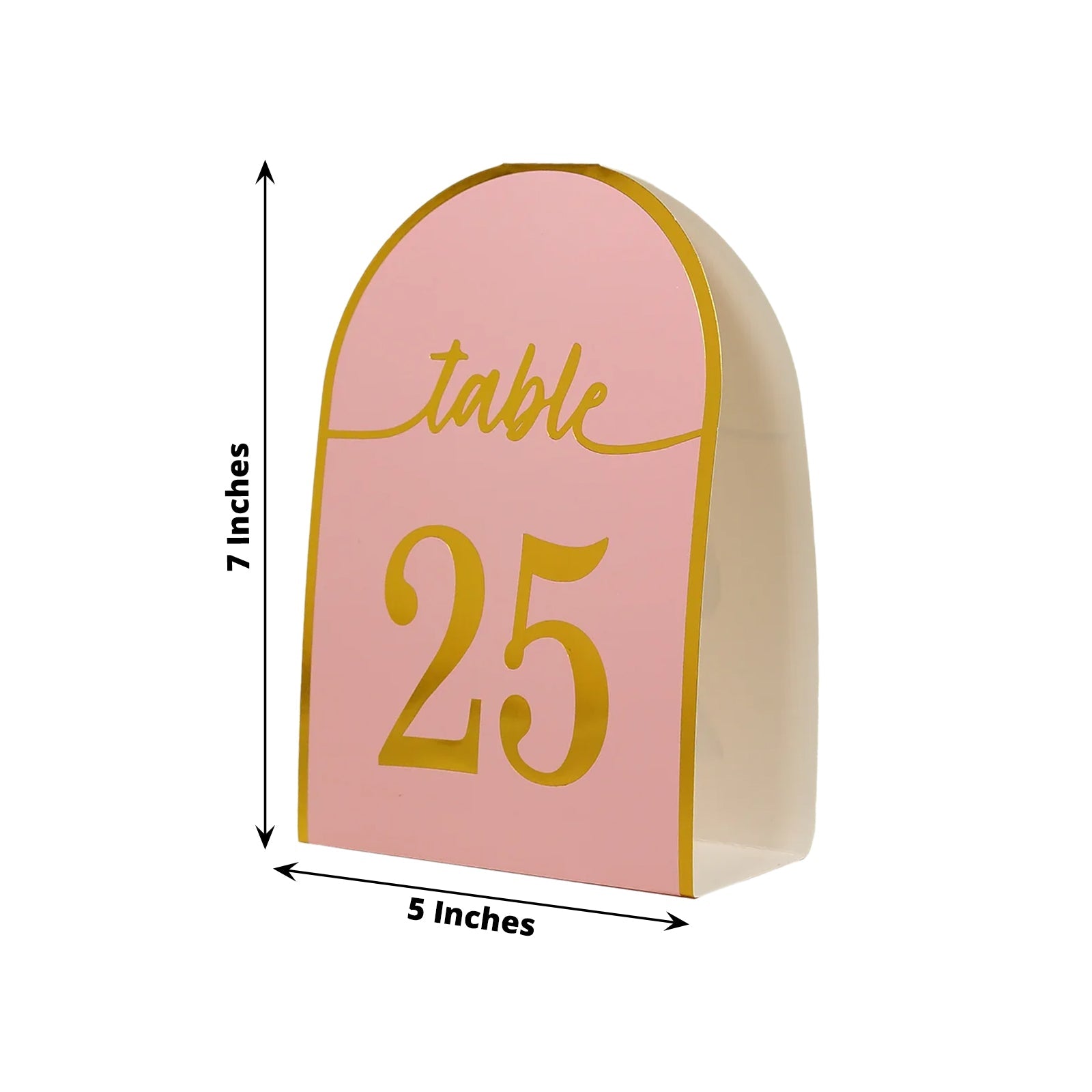 25-Pack Paper Wedding Table Numbers 1-25 Blush Arch Cutout Design - Sleek & Modern Free Standing Double Sided Table Tent Cards with Metallic Gold Foil Numbers 7