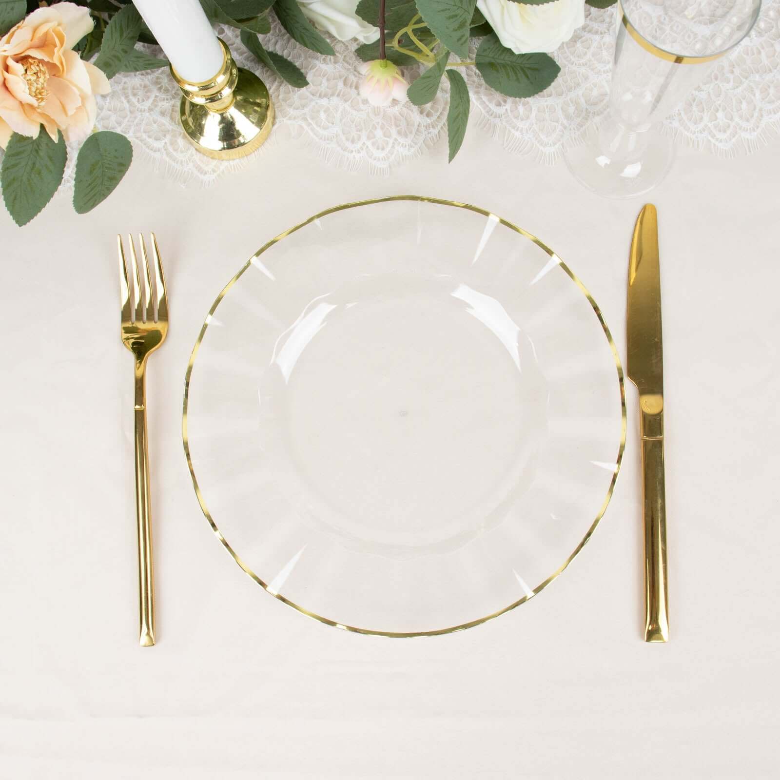 10-Pack Plastic 9 Round Dinner Plates in Clear Ruffled Rim with Gold Edging - Sturdy Disposable Dinnerware