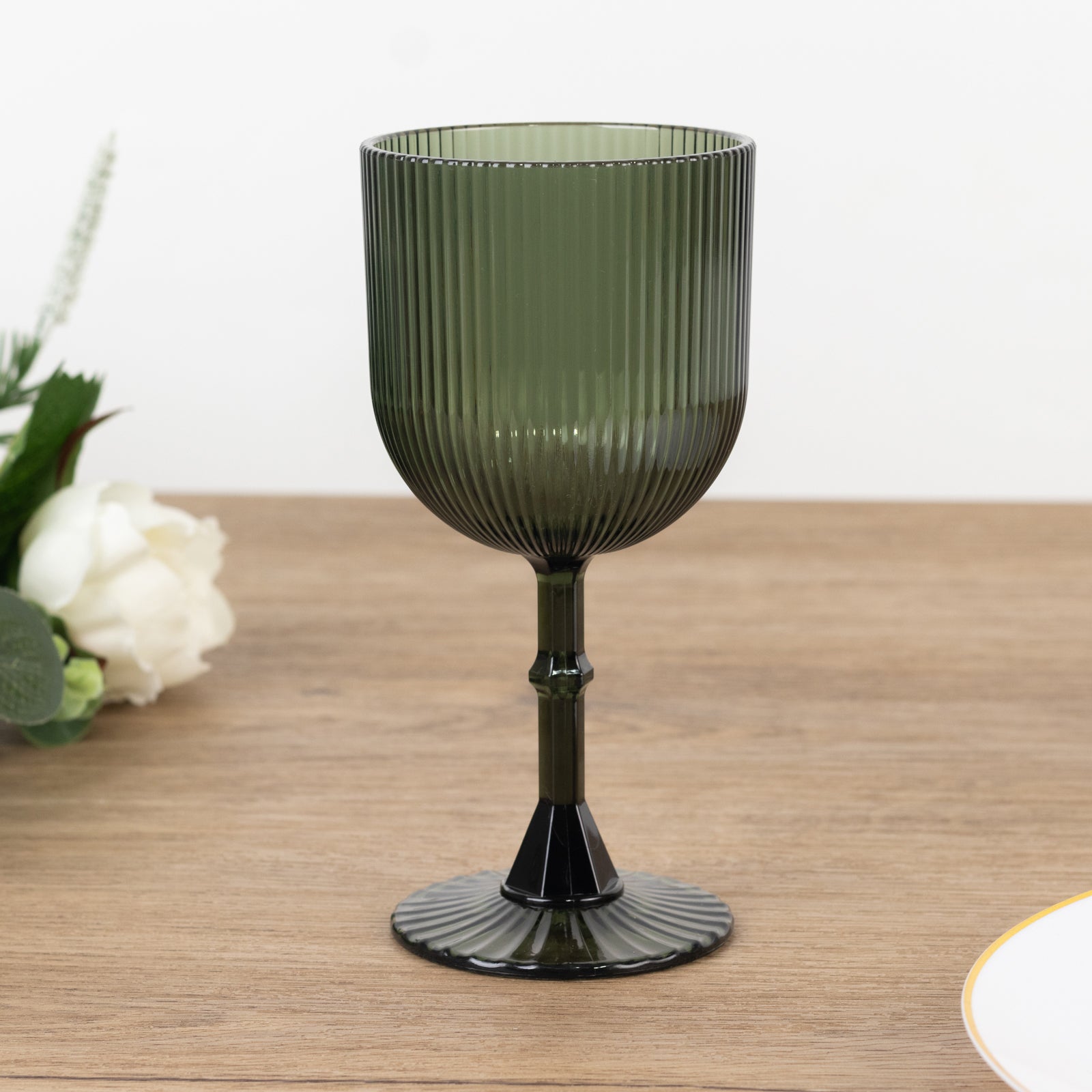 12-Pack Plastic Goblets Hunter Emerald Green Vintage Ribbed Pattern - Reusable Shatterproof Glassware 9oz