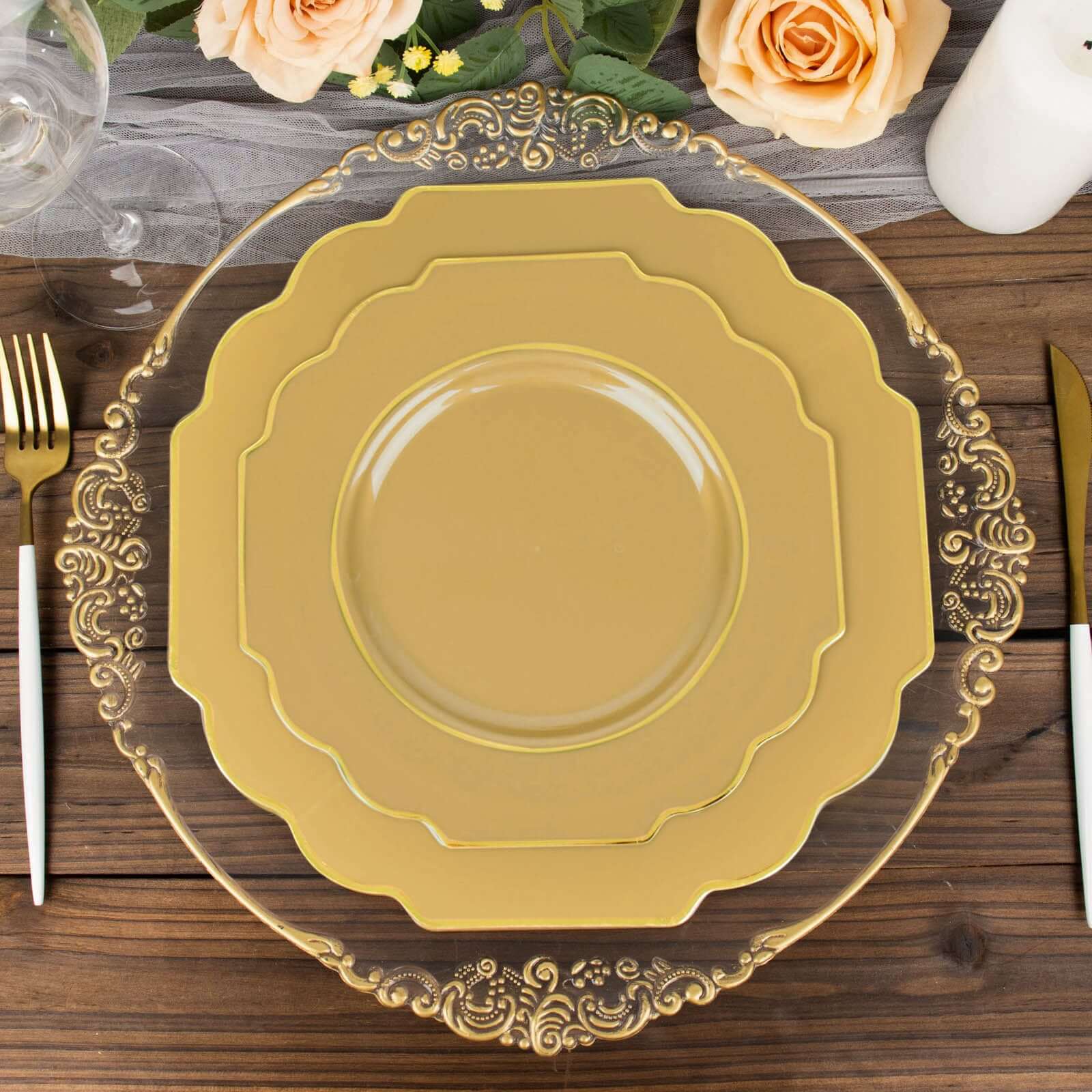 10-Pack Plastic Dessert Appetizer Plates in Gold Baroque Design with Scalloped Gold Rim - Heavy Duty Disposable Salad Plates 8