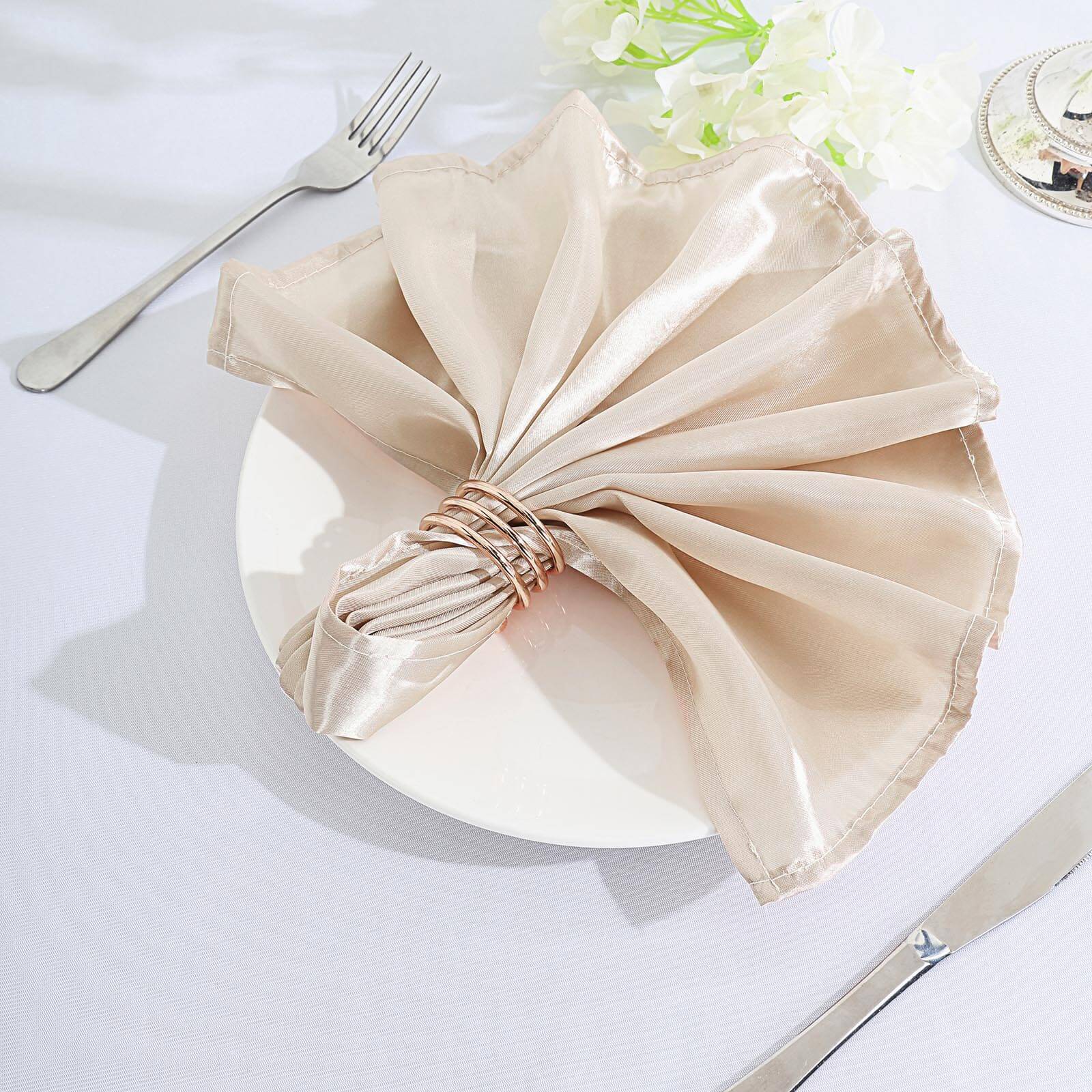 5 Pack Satin 20x20 Napkins Beige - Luxurious Shine & Smooth Dinner Napkins