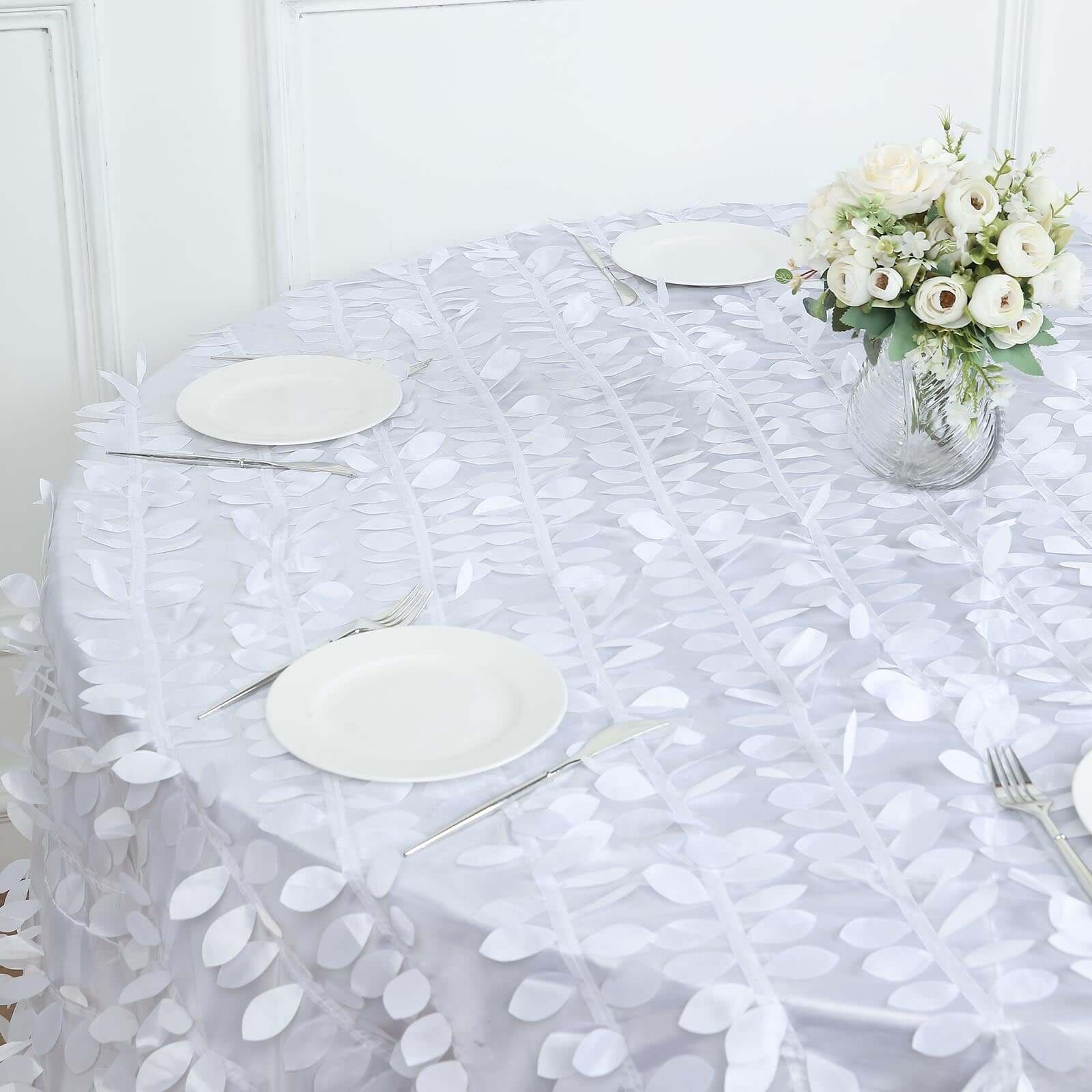 Taffeta 120 Round Tablecloth White 3D | 3D Leaf Petal Design Seamless Table Cover for Chic Wedding & Event Decor