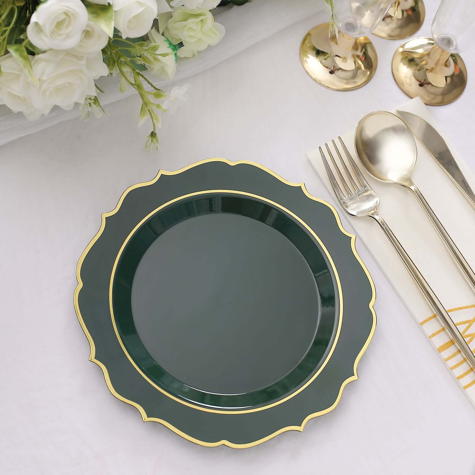 10-Pack Plastic 8 Round Desert Plates in Hunter Emerald Green with Gold Scalloped Rim - Disposable Appetizer/Salad Plates