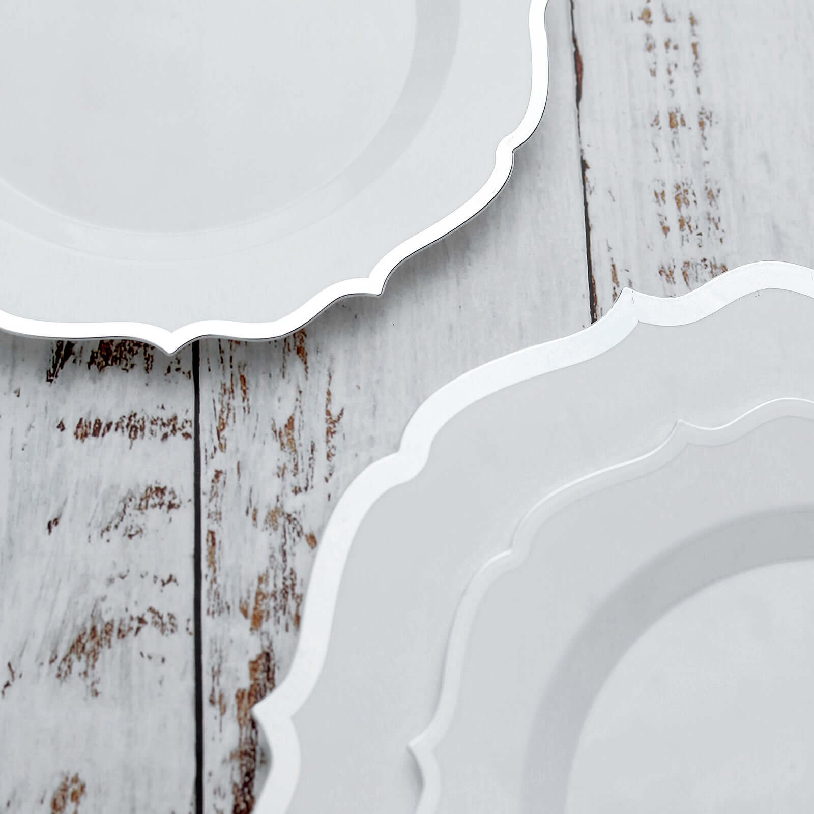 10-Pack Plastic 8 Round Desert Plates in White with Silver Scalloped Rim - Disposable Appetizer/Salad Plates