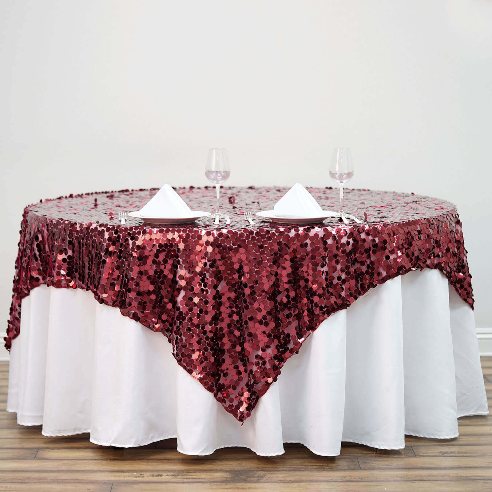 72x72 Burgundy Big Payette Sequin Square Table Overlay