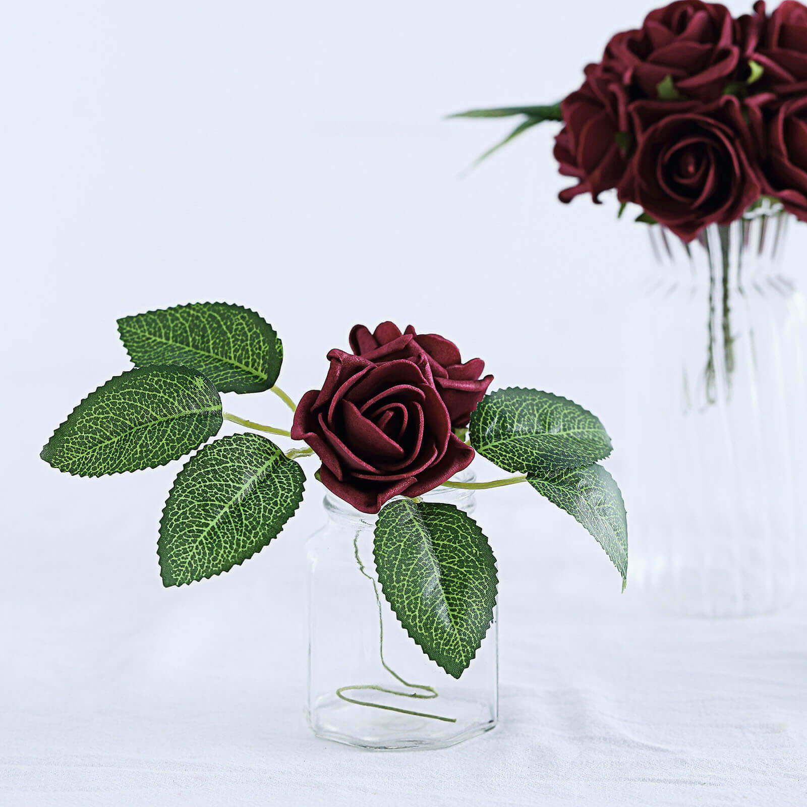 24 Roses 2 Burgundy Artificial Foam Flowers With Stem Wire and Leaves