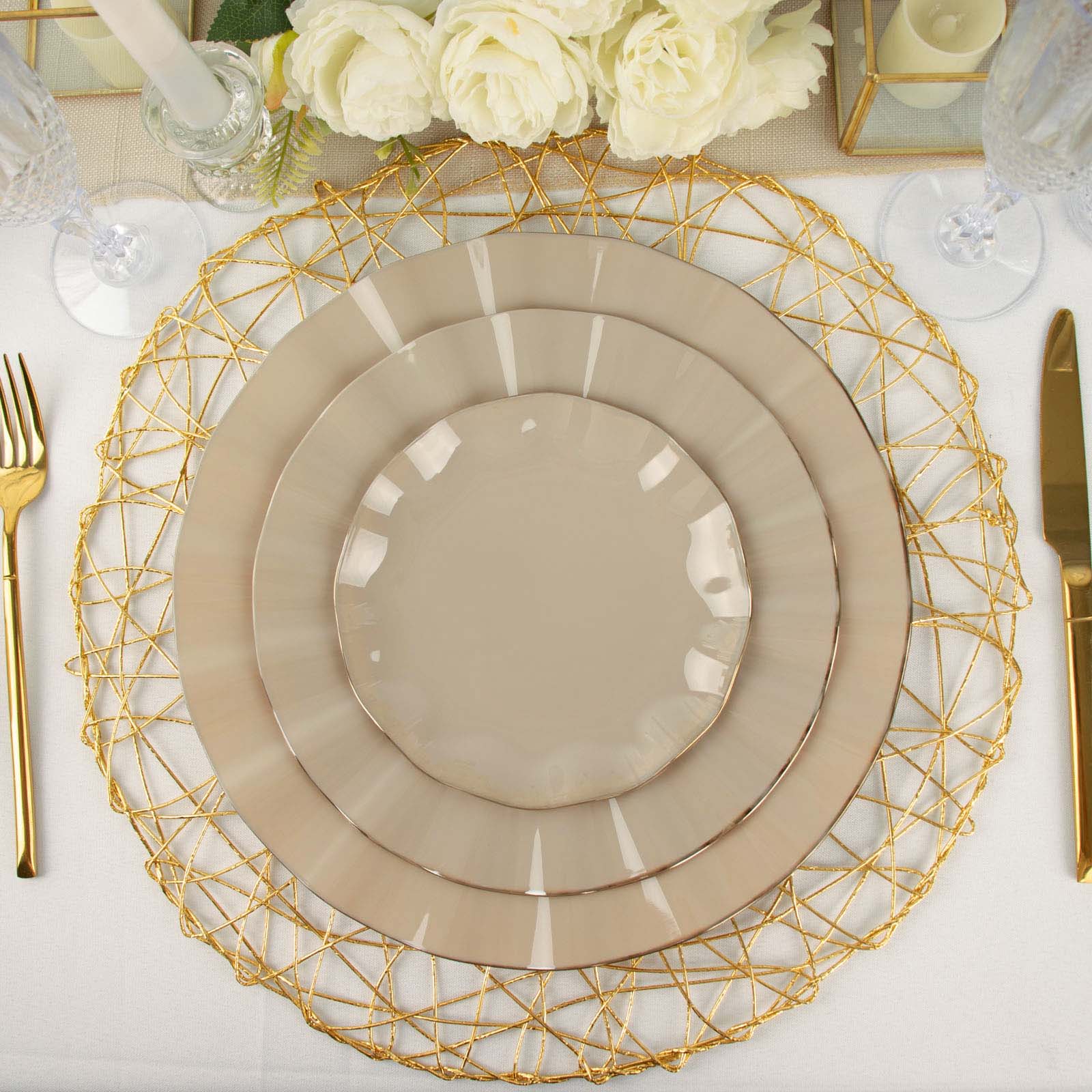 10-Pack Plastic 11 Round Dinner Plates in Taupe Ruffled Rim with Gold Edging - Sturdy Disposable Dinnerware