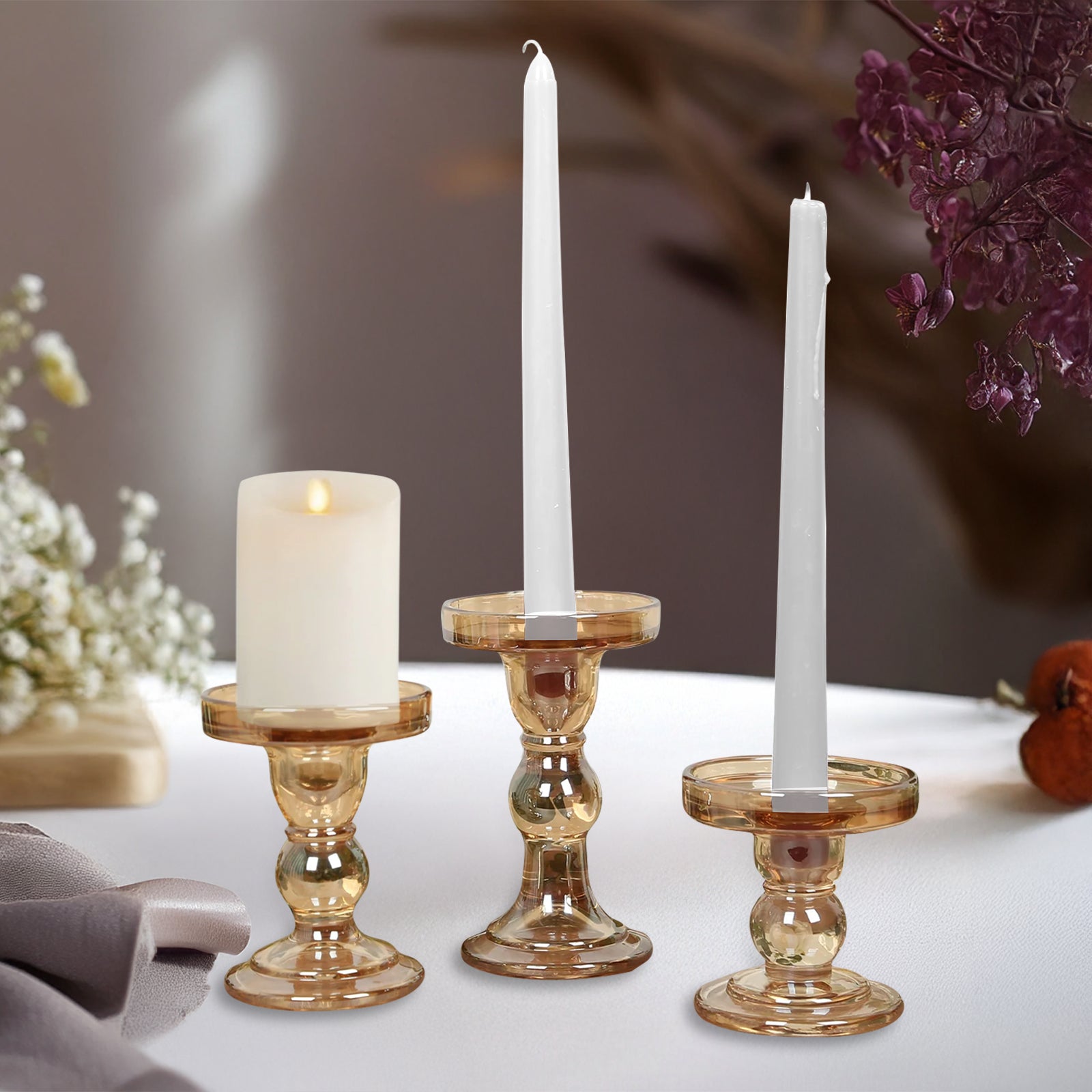 Set of 3 Glass Pillar Candle Holders Amber Gold with Round Tray - Crystal Ball Stem Taper Candlestick Tea Light Stands 3.5, 4.5, 5.5