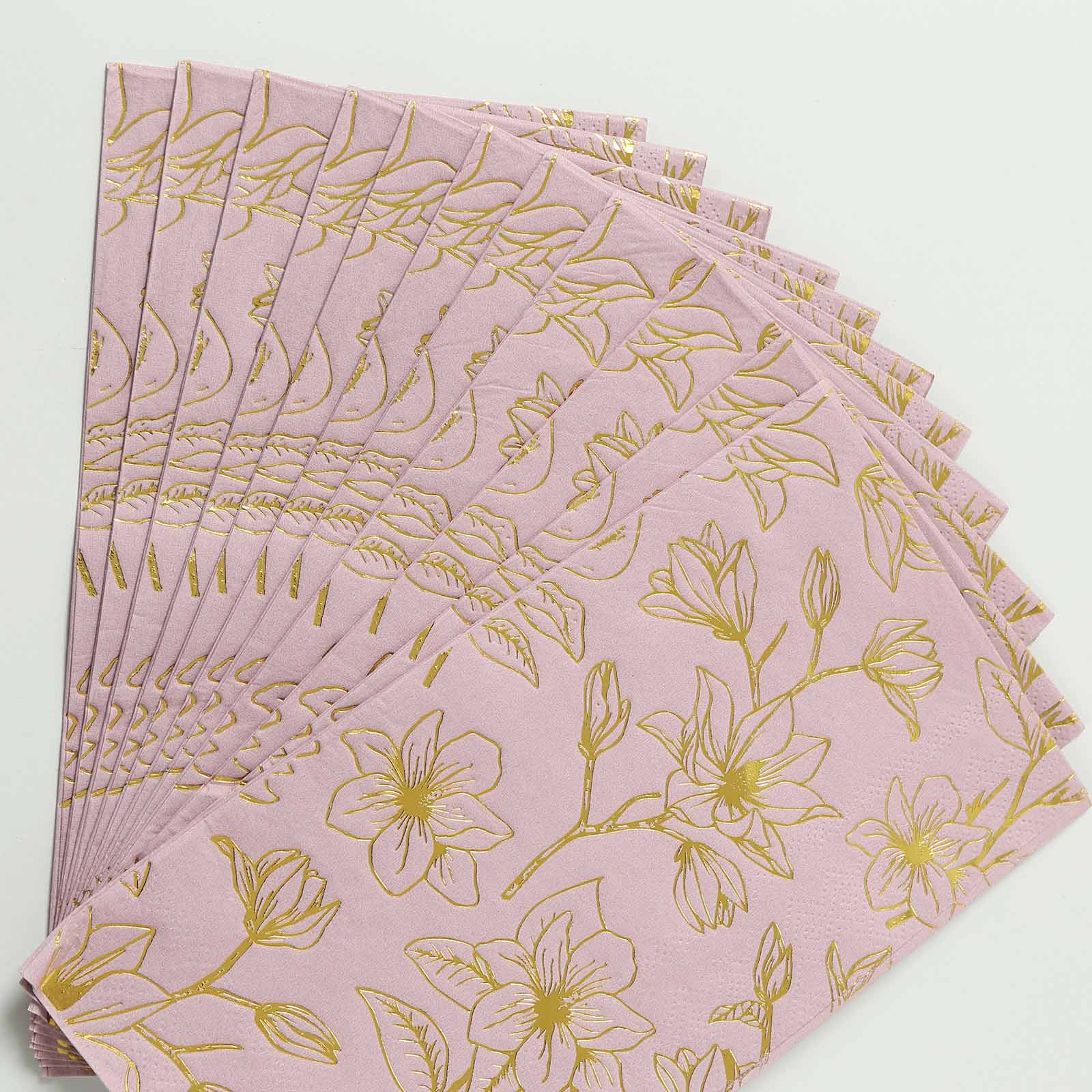 50-Pack Paper Dinner Napkins Dusty Rose with Gold Magnolia Flowers Print 2-Ply - Disposable Soft Napkins for Parties