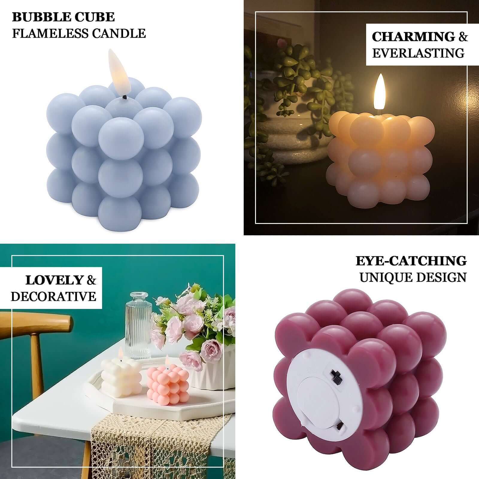 2-Pack LED Flameless Cube Candles Flickering Warm White Burgundy - Battery Operated Bubble Design 2