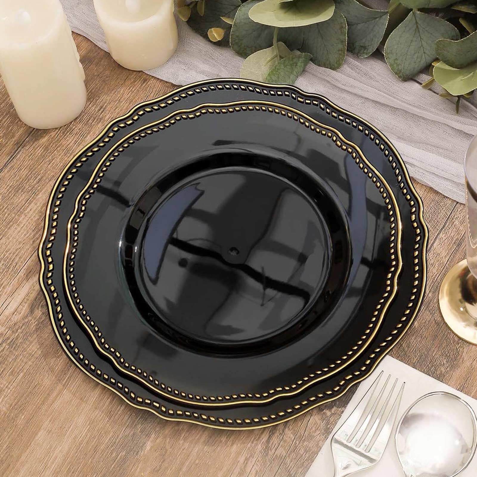 10-Pack Plastic Dinner Plates in Black with Gold Scalloped Rim - Disposable Party Plates for Upscale Events & Banquets 9