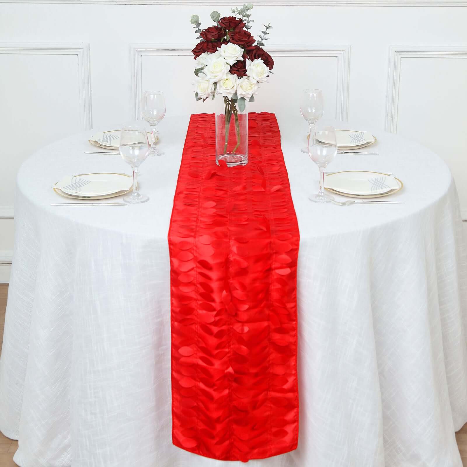 Taffeta Fabric 12x108 Table Runner Red - 3D Leaf Petal Design