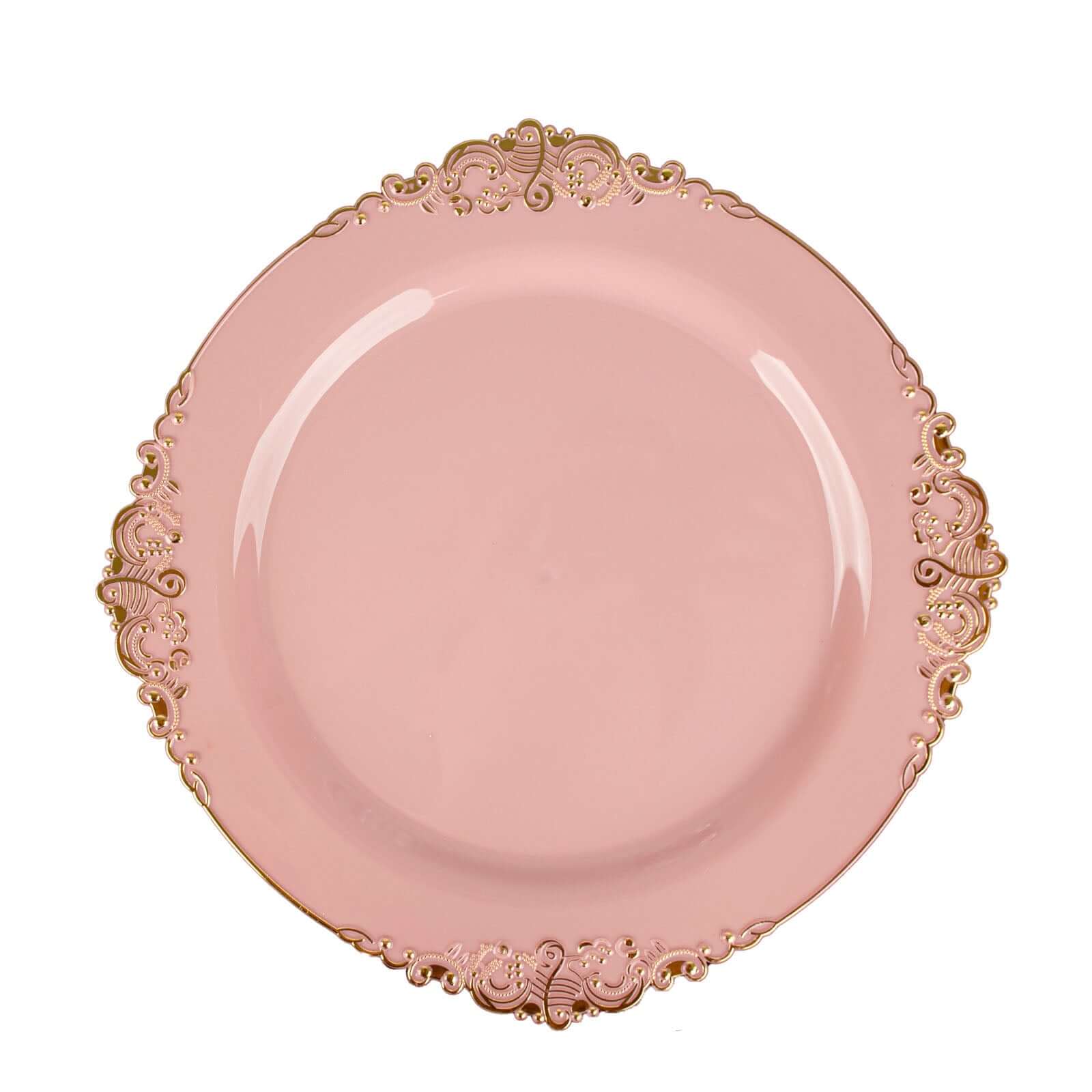 10-Pack Plastic 10 Round Dinner Plates in Dusty Rose with Gold Leaf Embossed Rim - Disposable Vintage Baroque Style Plates