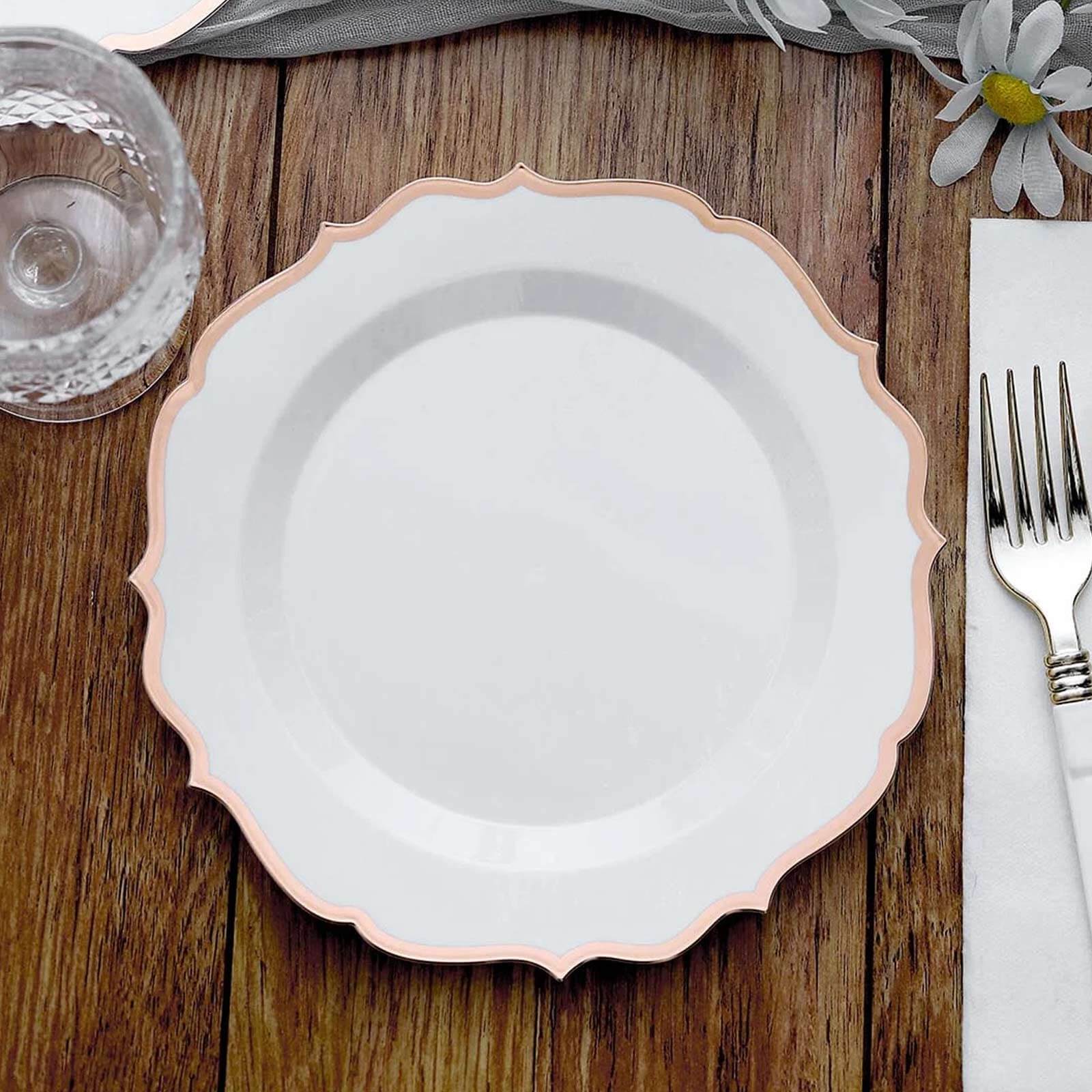 10-Pack Plastic 8 Round Desert Plates in White with Rose Gold Scalloped Rim - Disposable Appetizer/Salad Plates