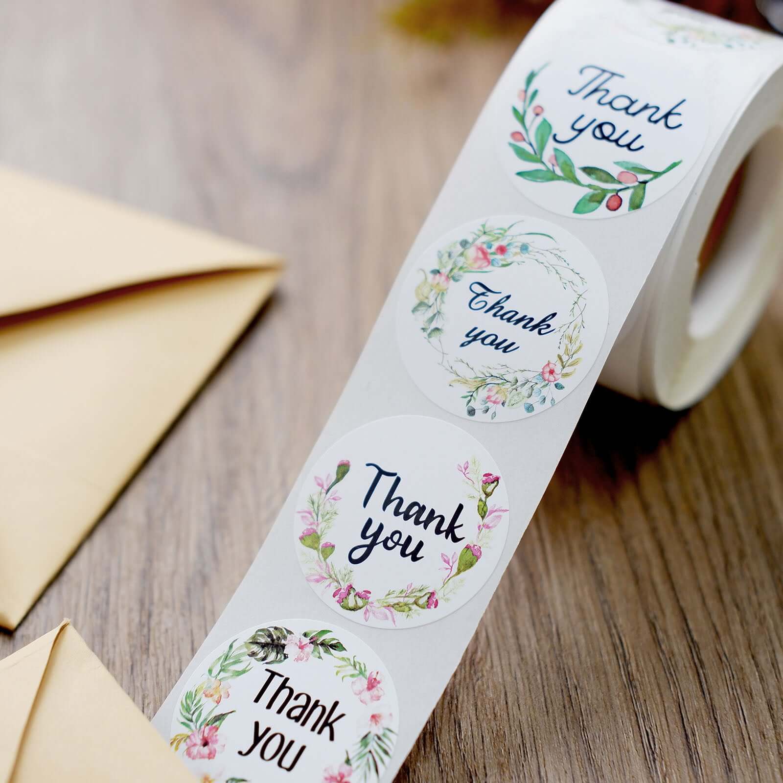 500Pcs 1.5 Thank You Black Print and Floral Design Stickers Roll, DIY Envelope Seal Labels - Round Assorted Designs