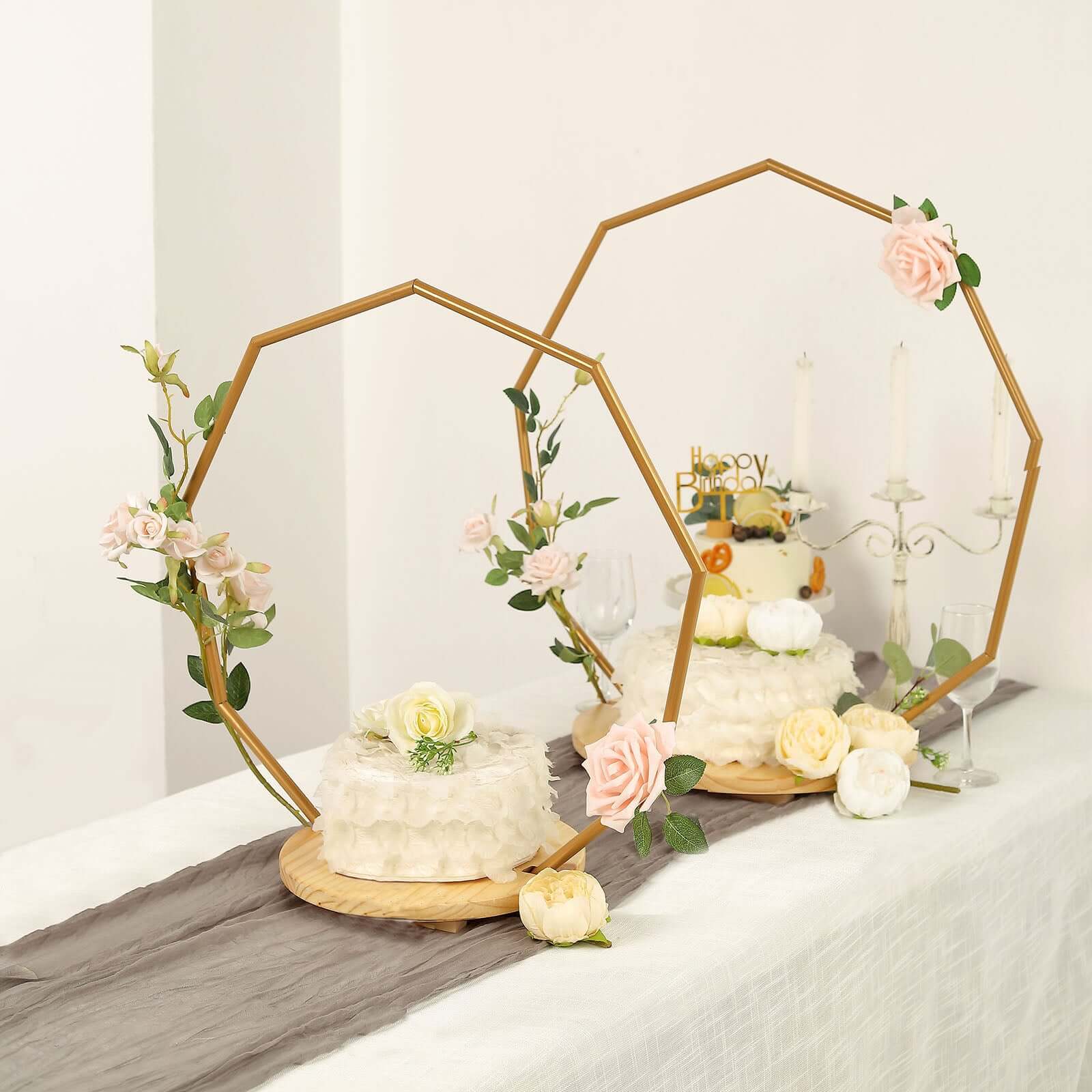 Metal Nonagon Floral Hoop Cake Stand Gold - Chic Geometric Dessert Display DIY Centerpiece Table Decoration With Wooden Base 22